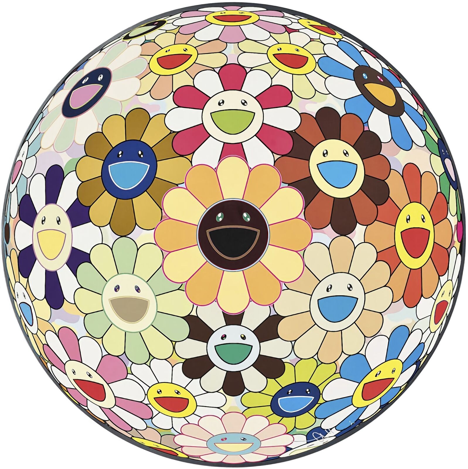 A colorful flower ball with smiley faces on it.