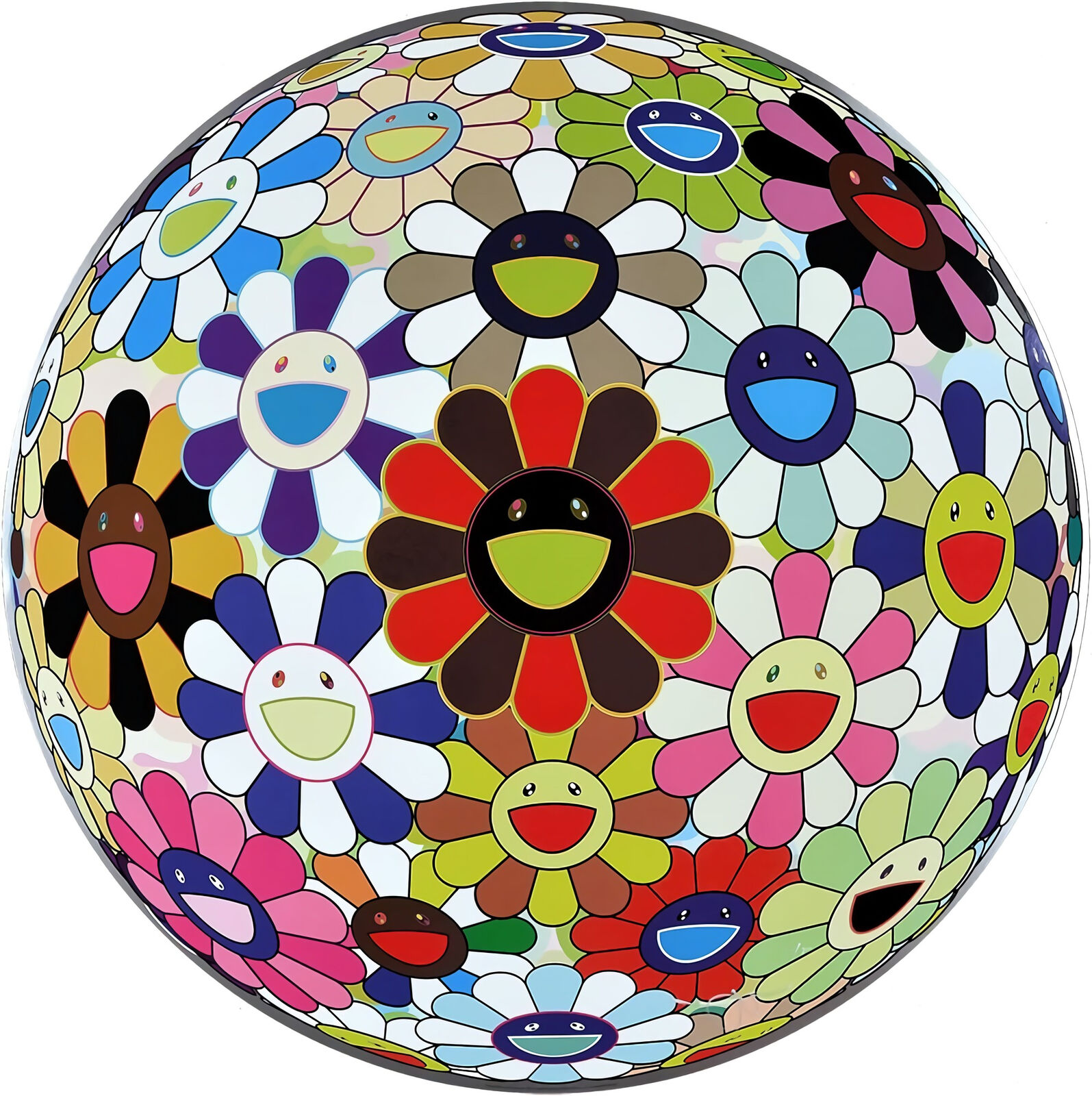 A colorful flower ball with smiley faces on it.