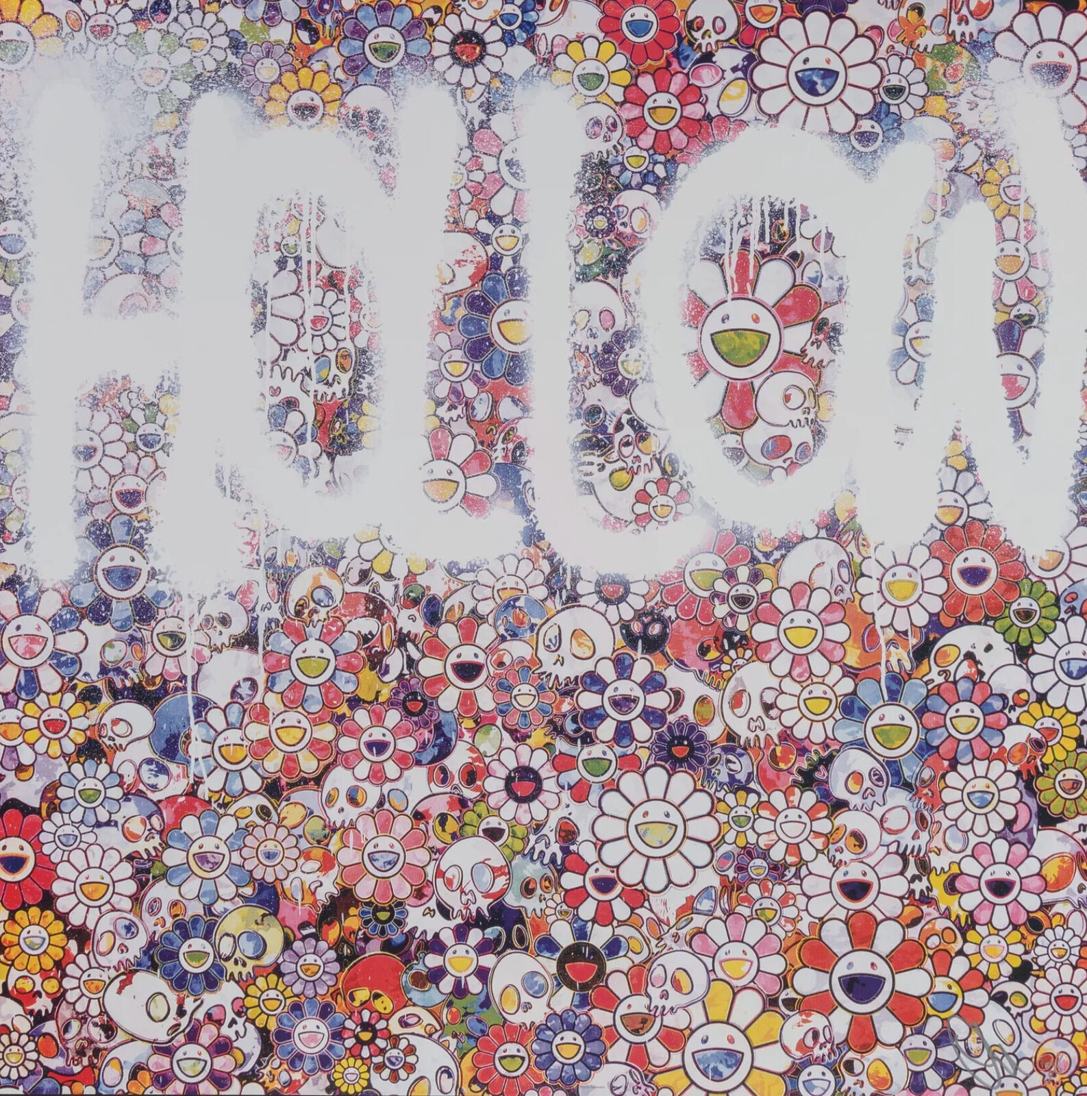 A painting of a bunch of flowers with the word "HOM" written on it.