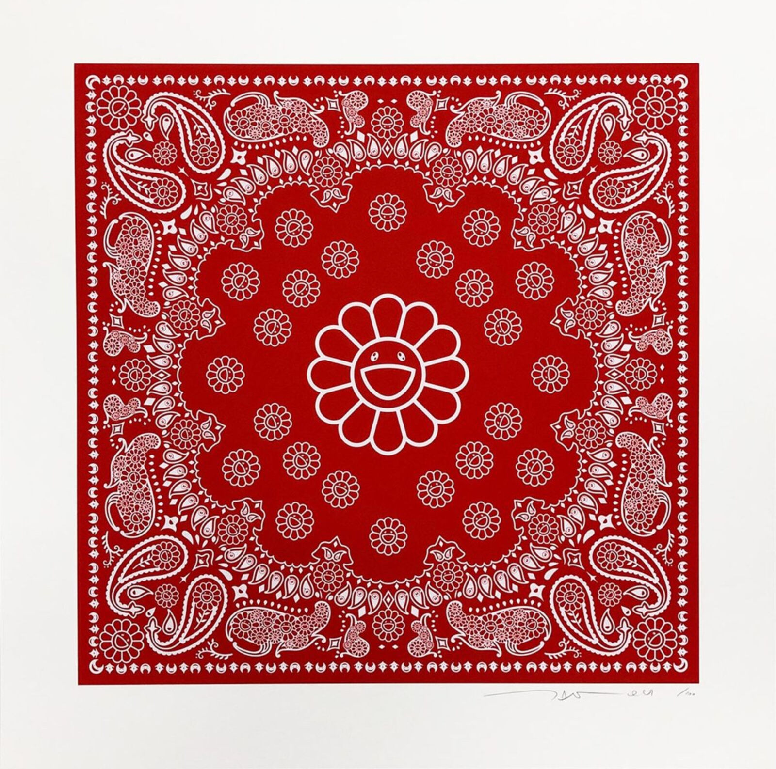 A red bandana with a smiley face on it.