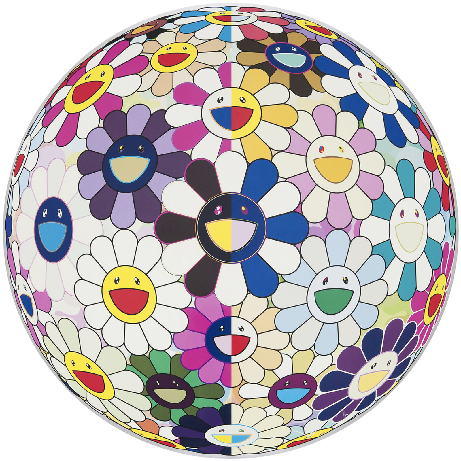 A colorful flower ball with smiley faces on it.