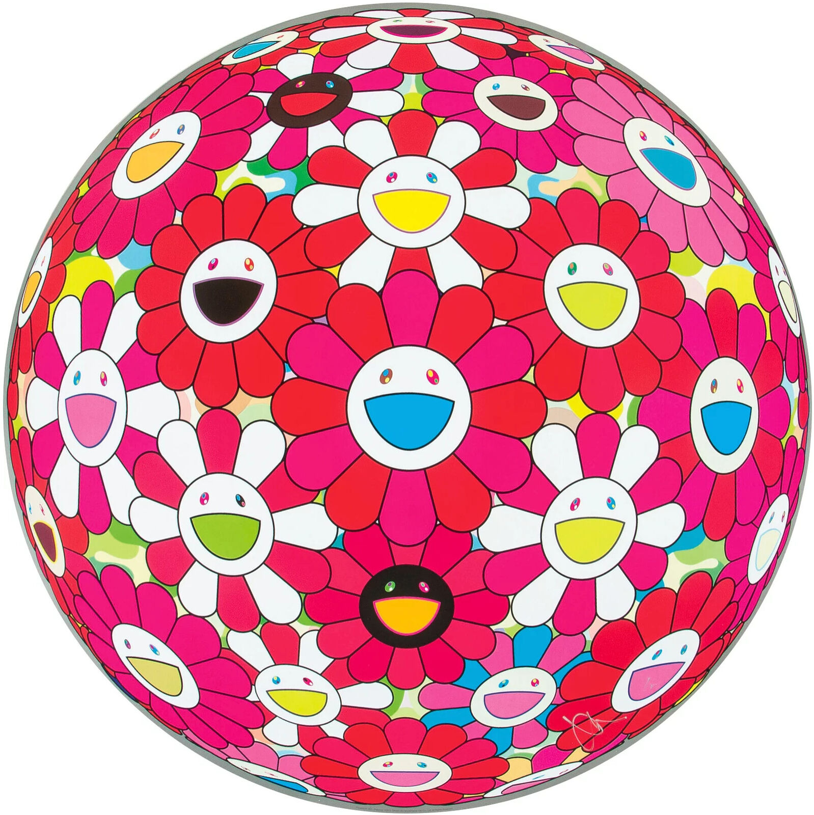 A colorful flower ball with smiley faces on it. 