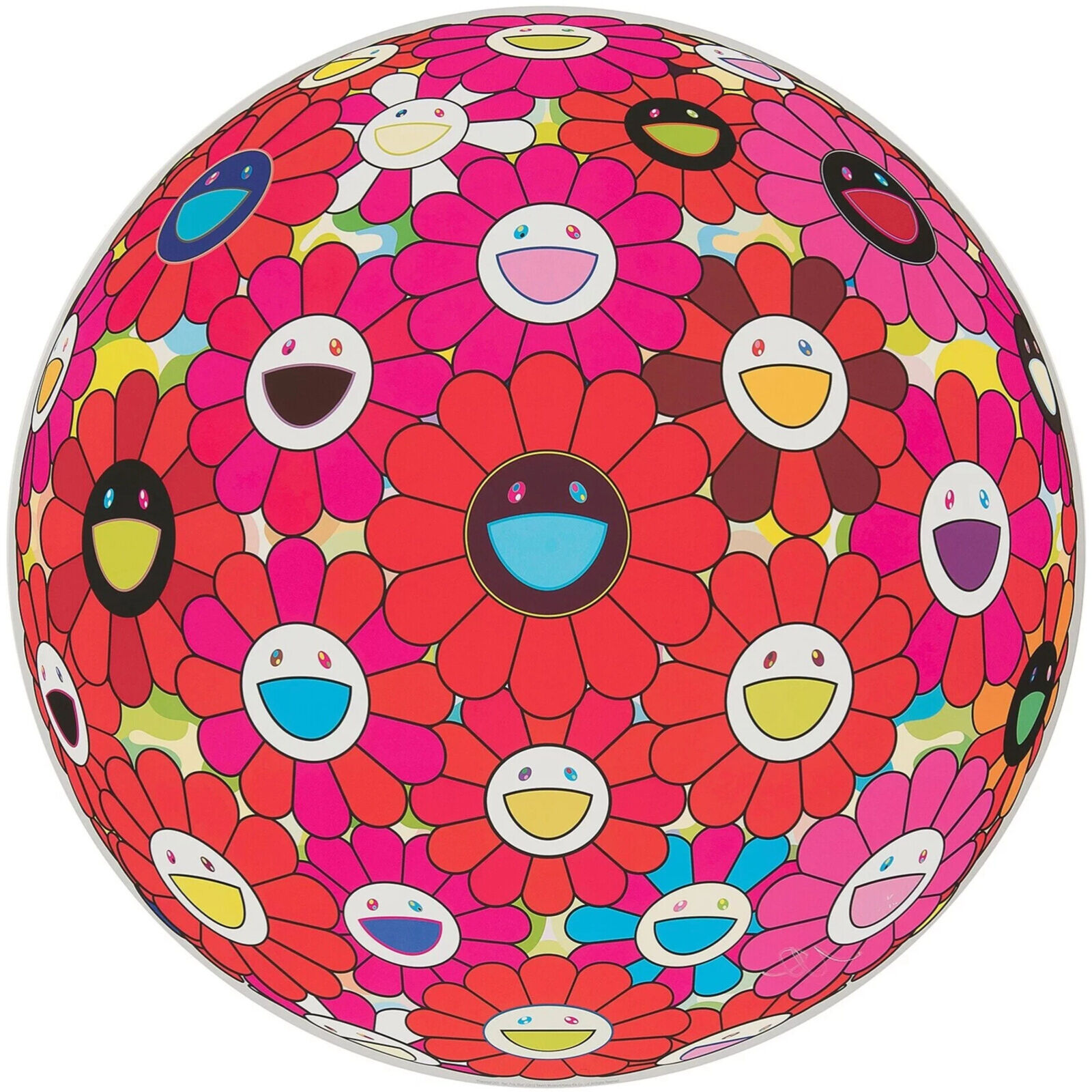 A colorful flower ball with smiley faces on it.