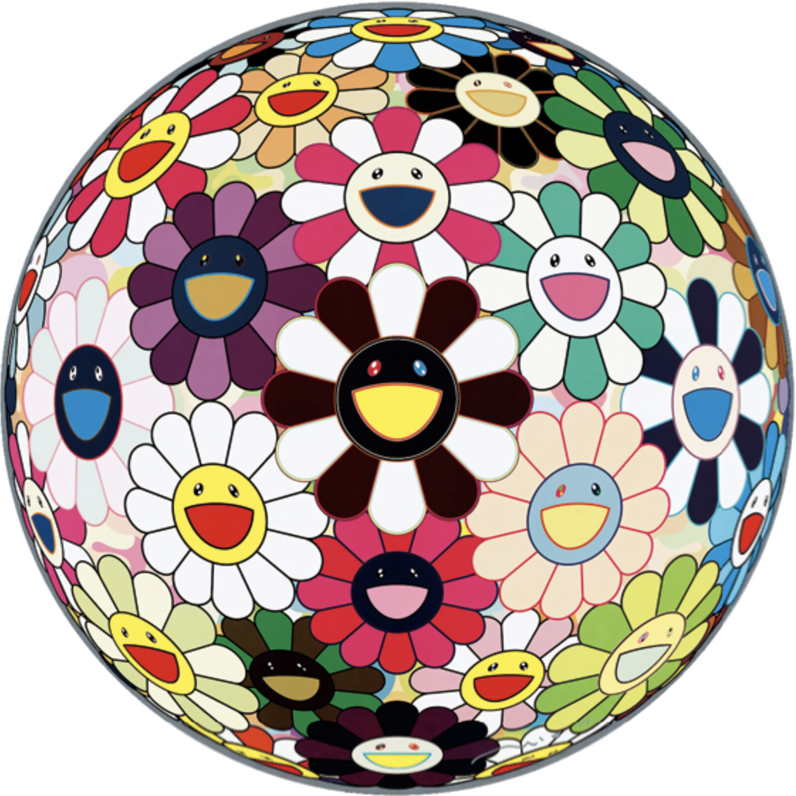 A colorful flower ball with smiley faces on it.