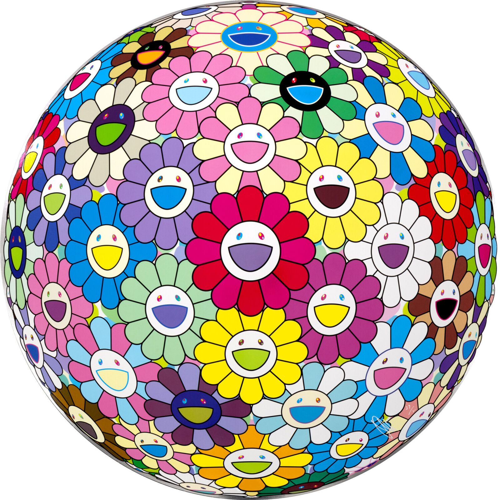 A colorful ball of flowers with smiley faces on it.
