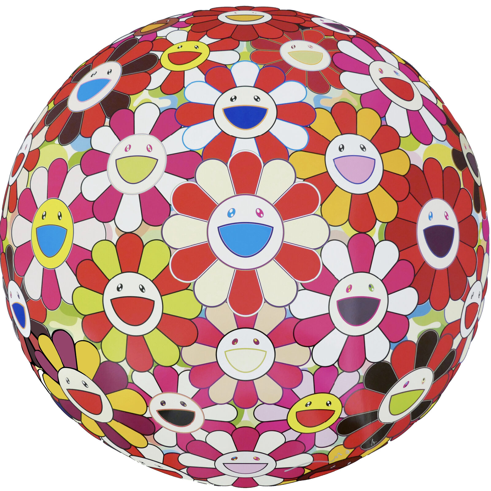 A colorful flower ball with smiley faces on it. 