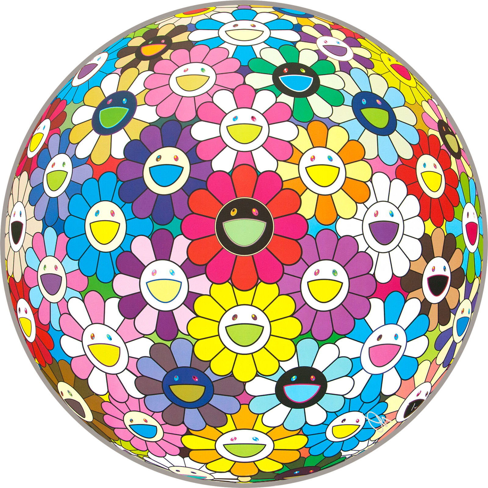 A colorful ball of flowers with smiley faces on it.