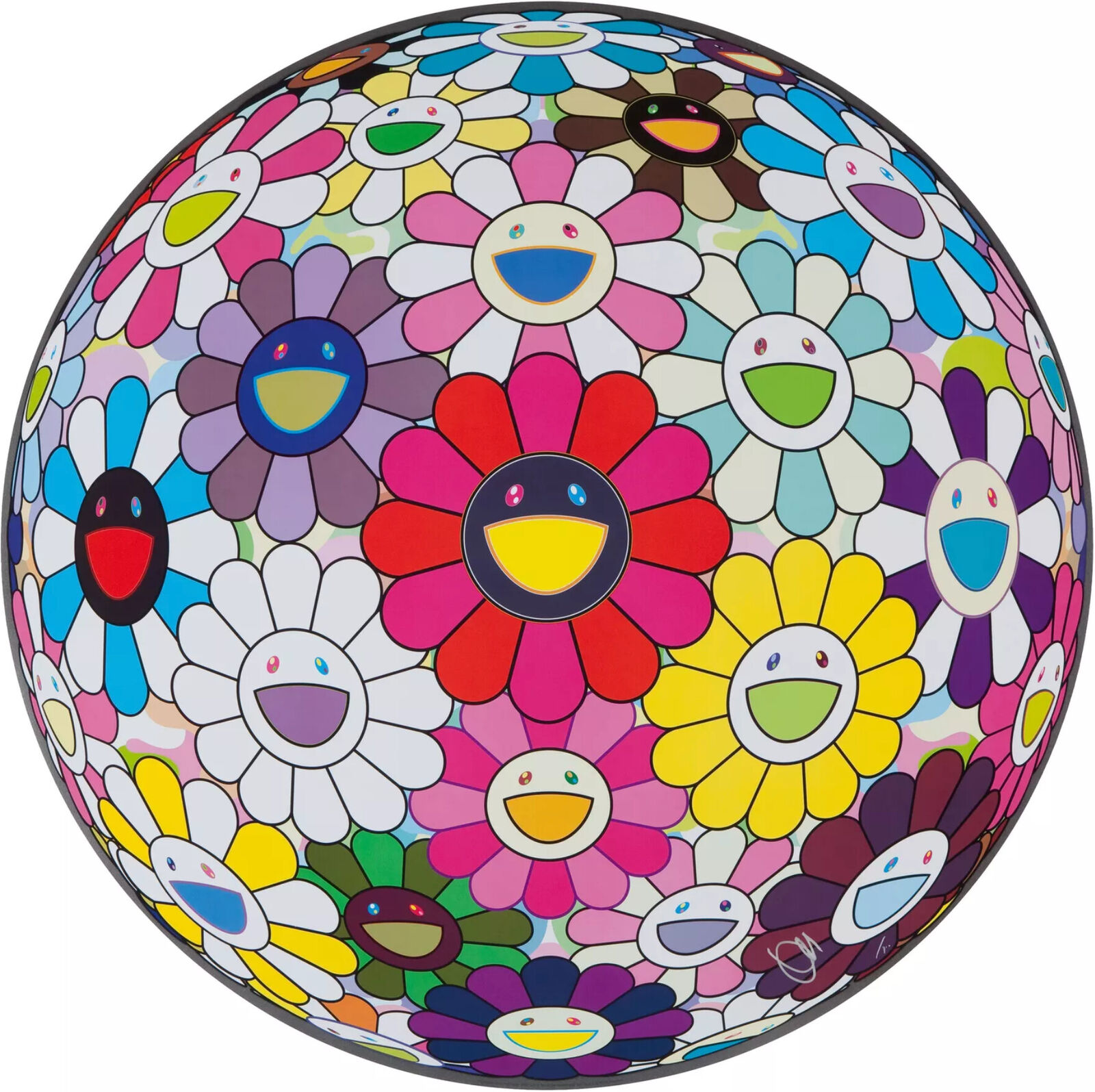 A colorful flower ball with smiley faces on it. 