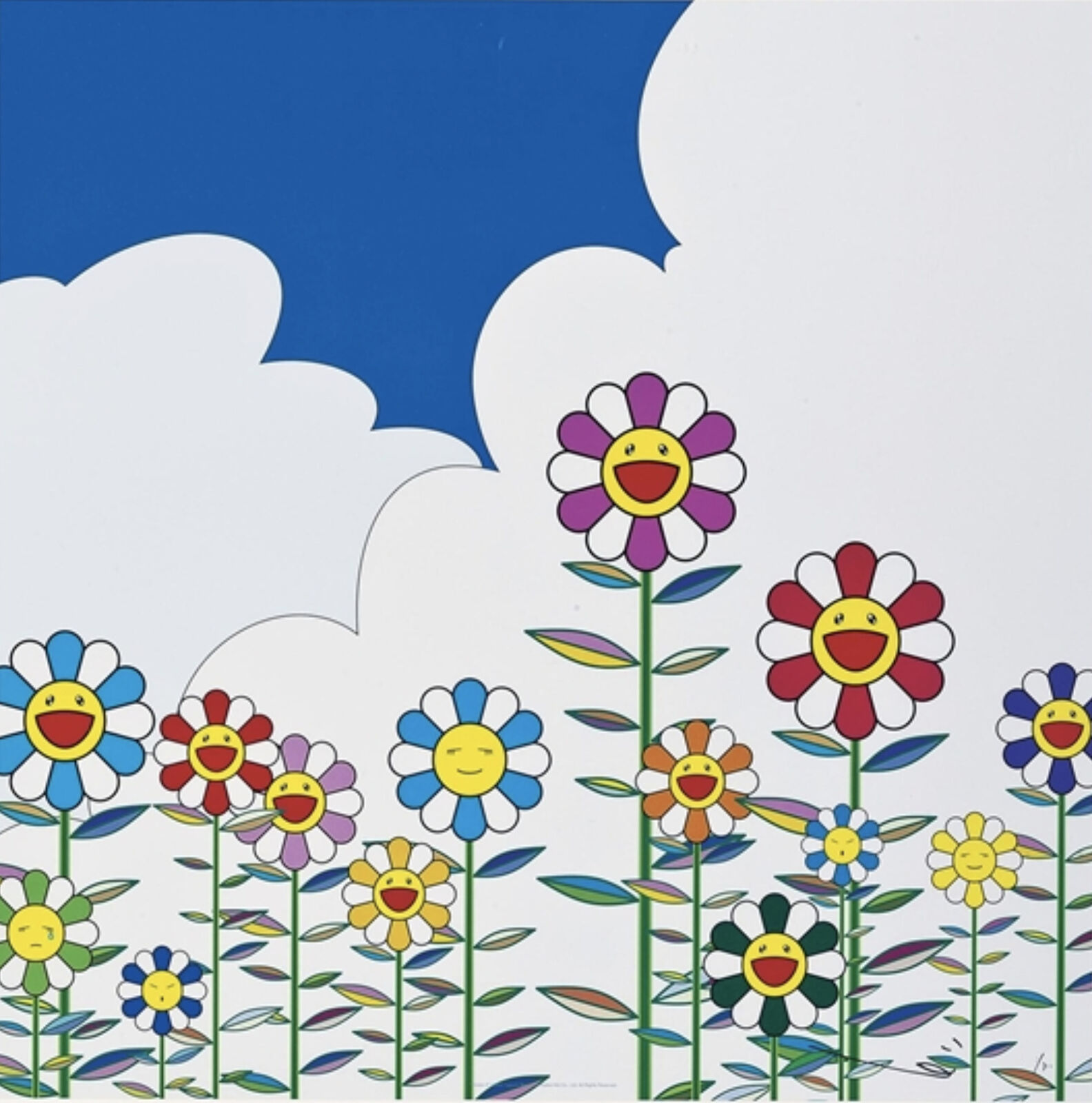 A painting of a field of flowers with a smiley face in the sky.
