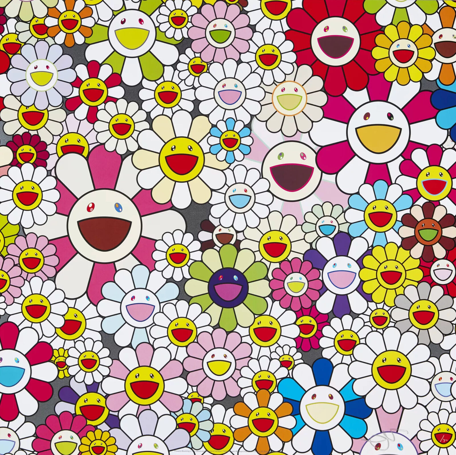 Artwork by Takashi Murakami, Flowers Blooming in this World and the Land of Nirvana 2, Made of 4c offset print + cold stamp 