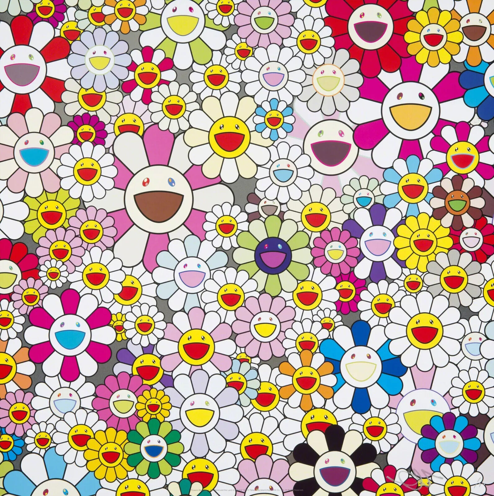 A large group of colorful flowers with smiley faces.