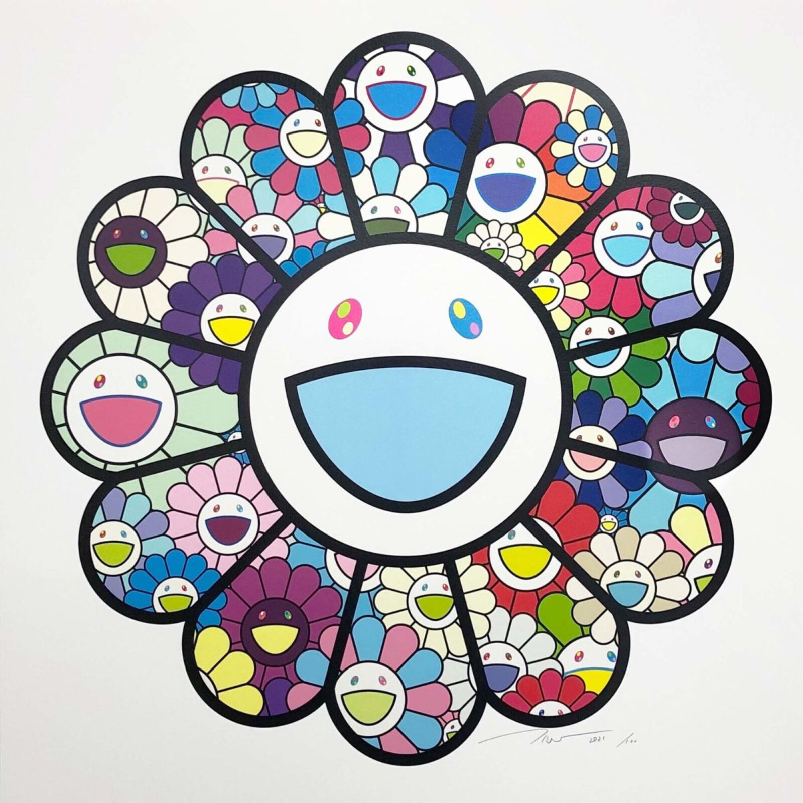A drawing of a flower with a smiley face surrounded by flowers.