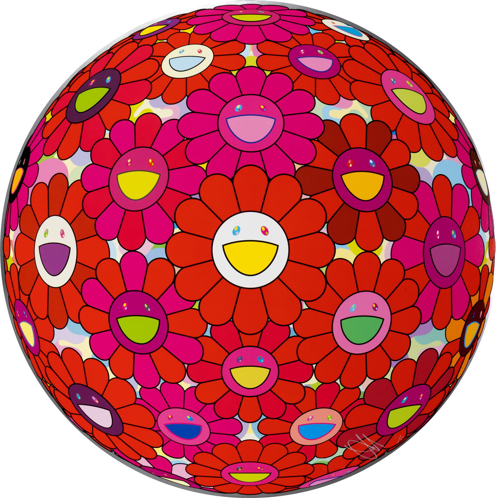 A colorful flower ball with a smiley face on it.