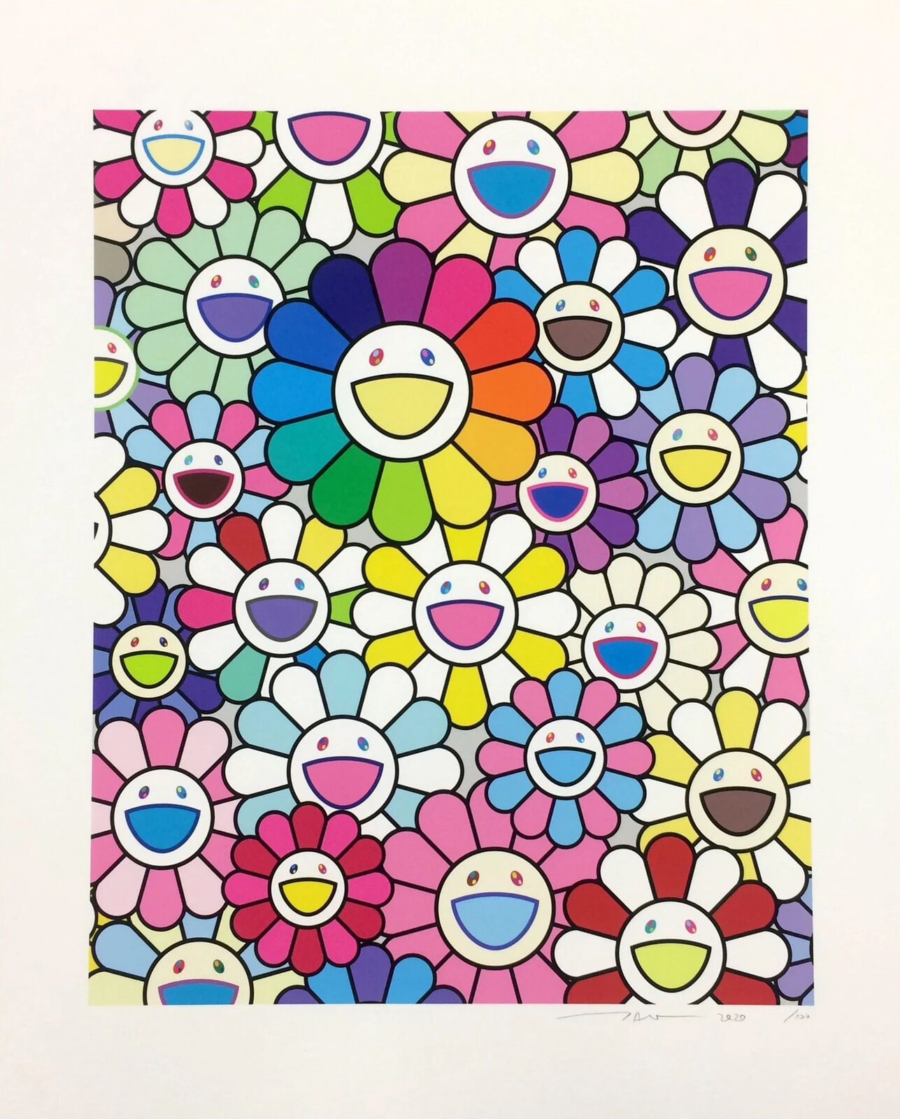 A painting of a bunch of colorful flowers with smiley faces.