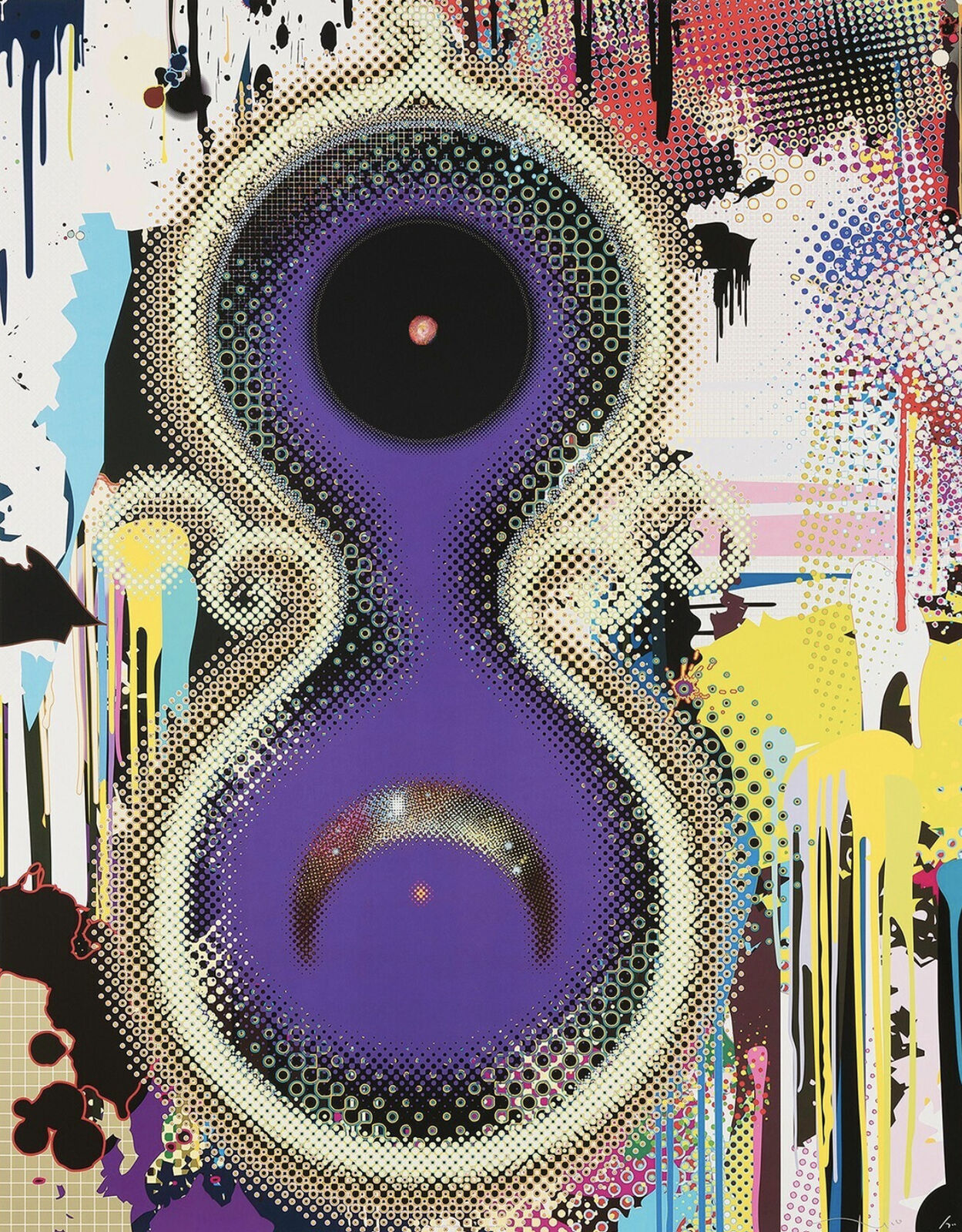 A painting of a purple and black speaker on a colorful background.