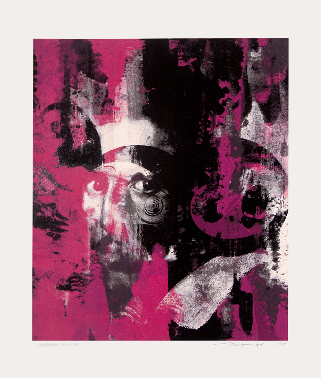 A pink and black painting of a woman's face.