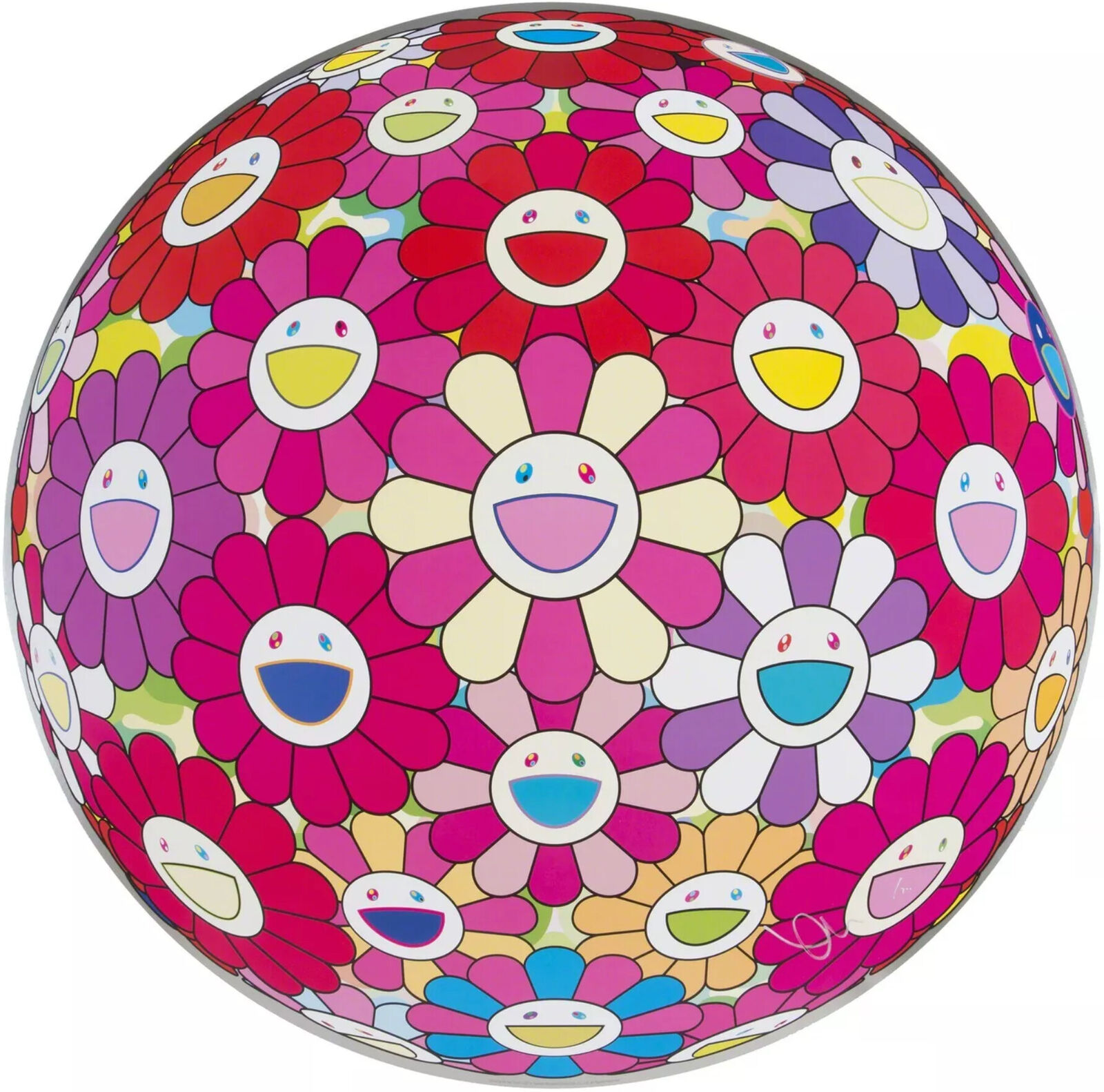 A colorful flower ball with smiley faces on it. 