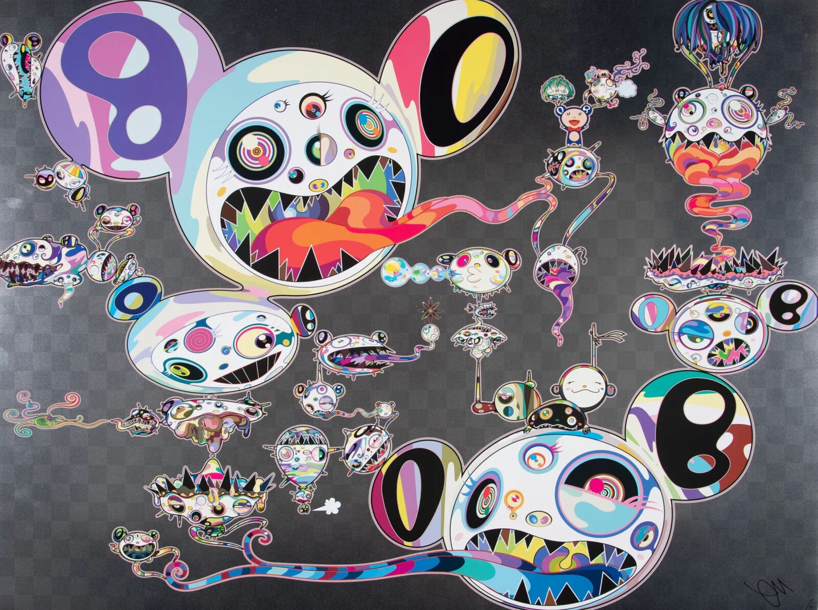 A painting of a bunch of cartoon characters on a black background.