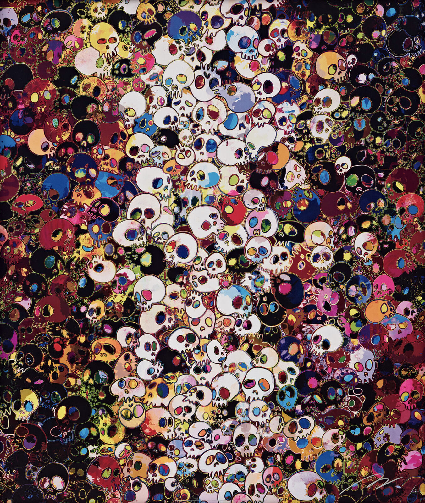 A large group of skulls on a black background.