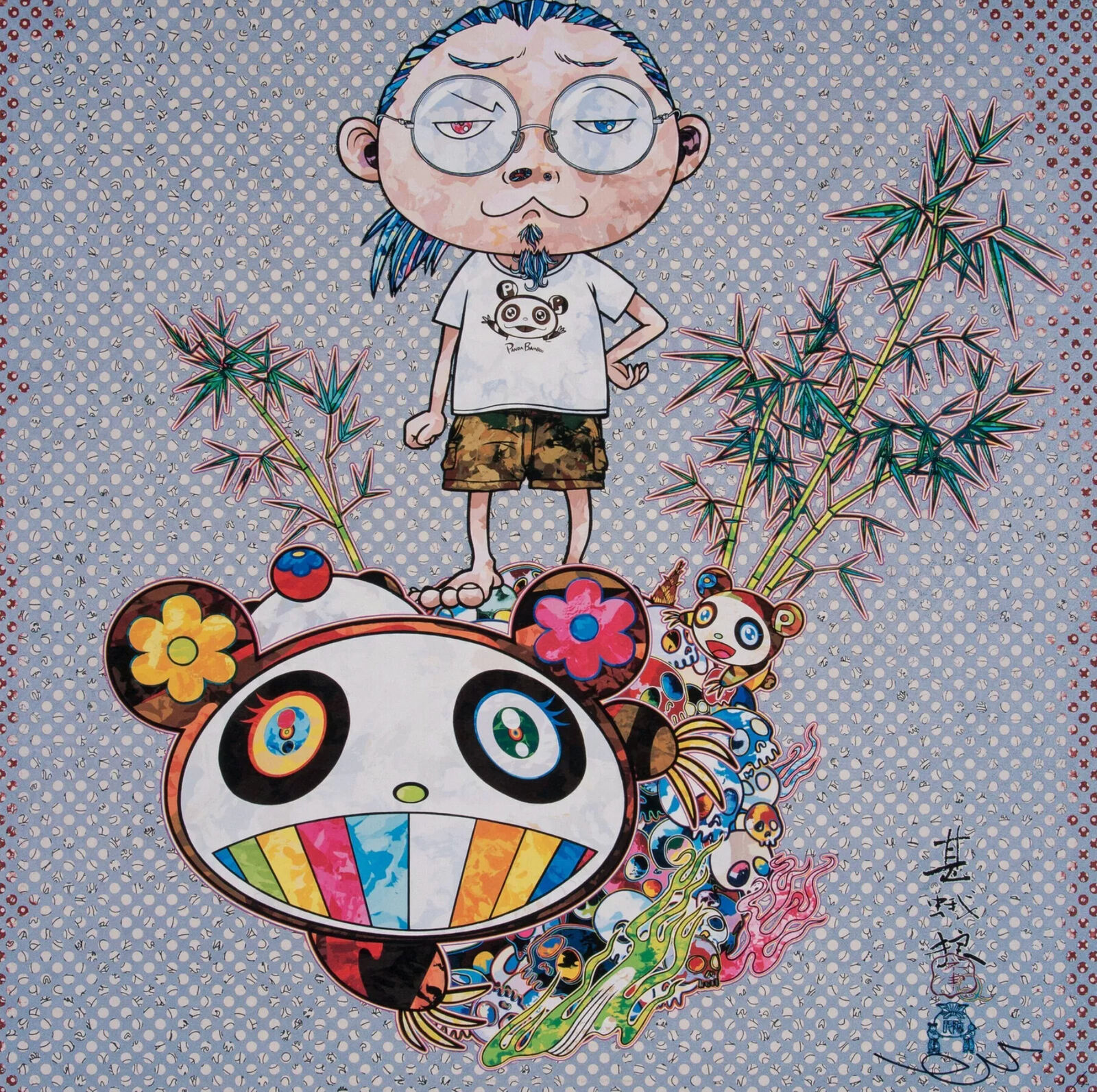 A painting of a boy standing on top of a panda bear.