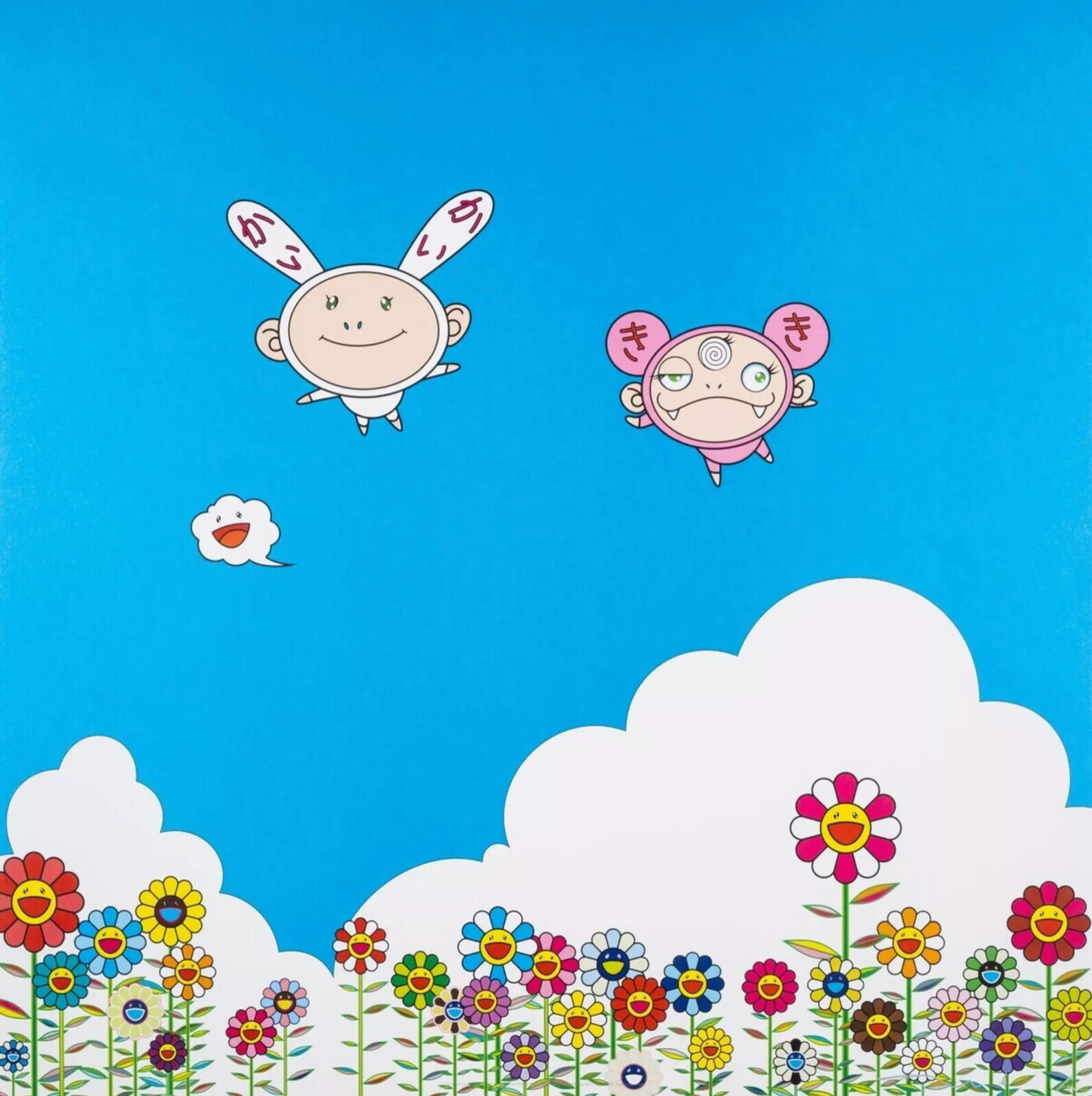 A painting of two cartoon characters flying in the sky with flowers.