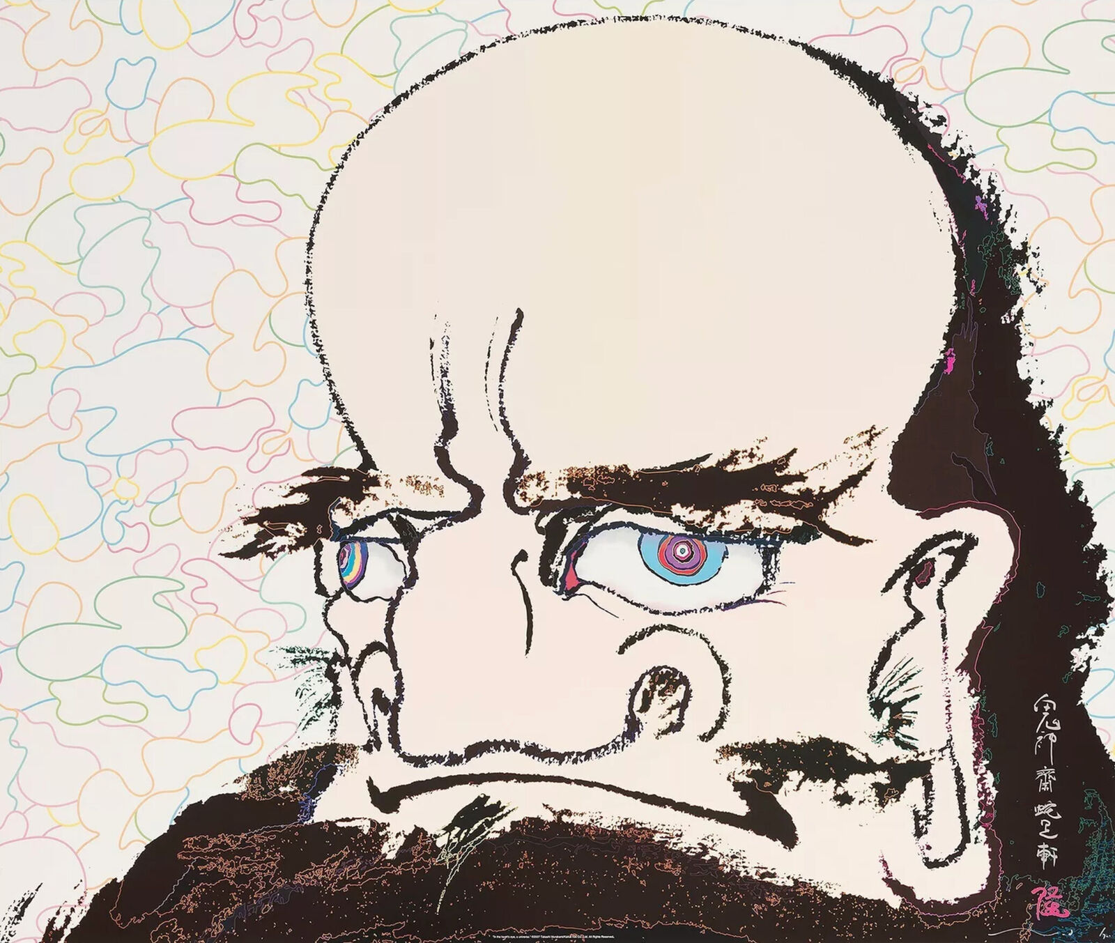 A drawing of a bald man with blue eyes and a beard.