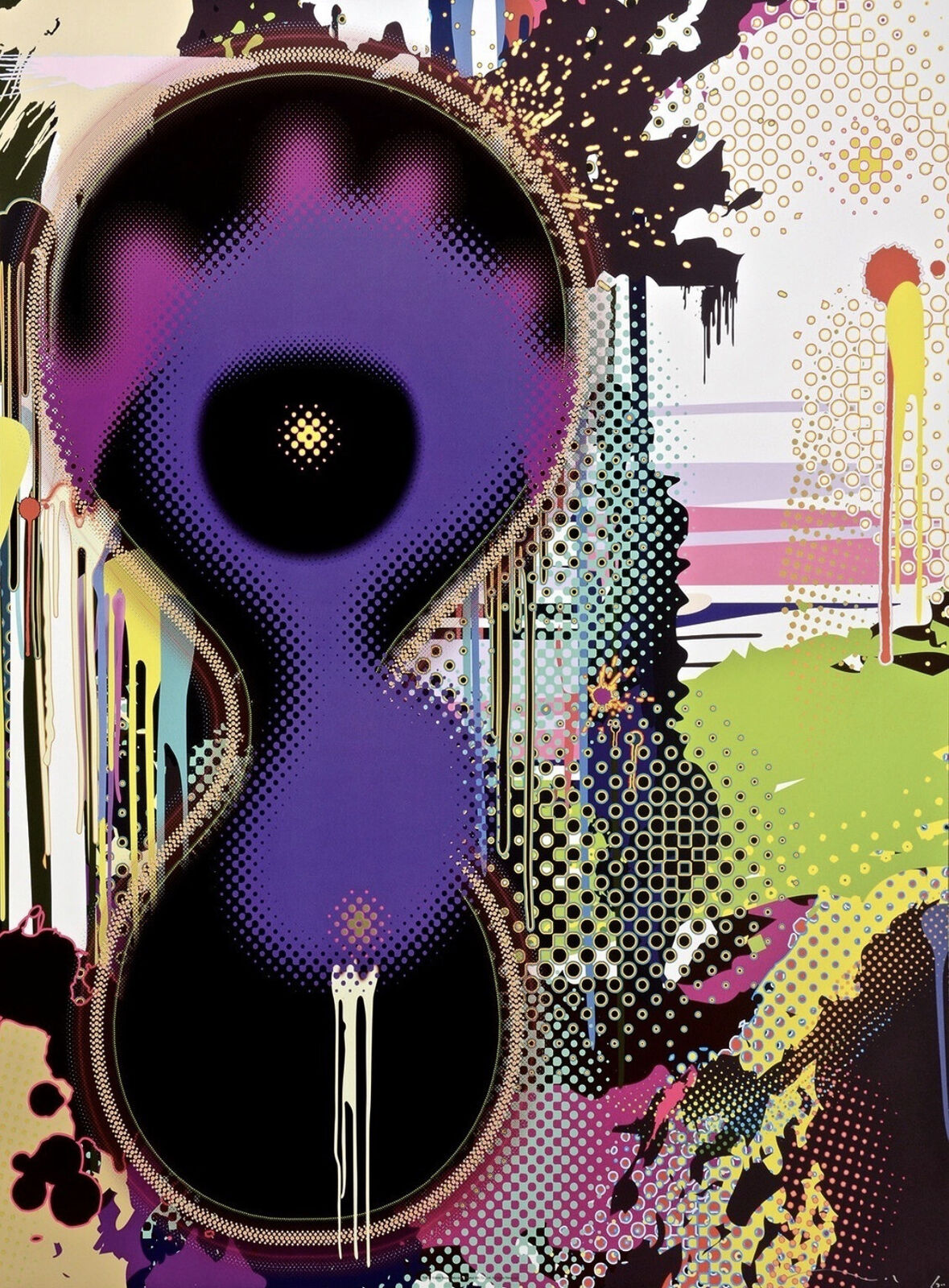 A painting of a purple and black keyhole with paint splatters on it.