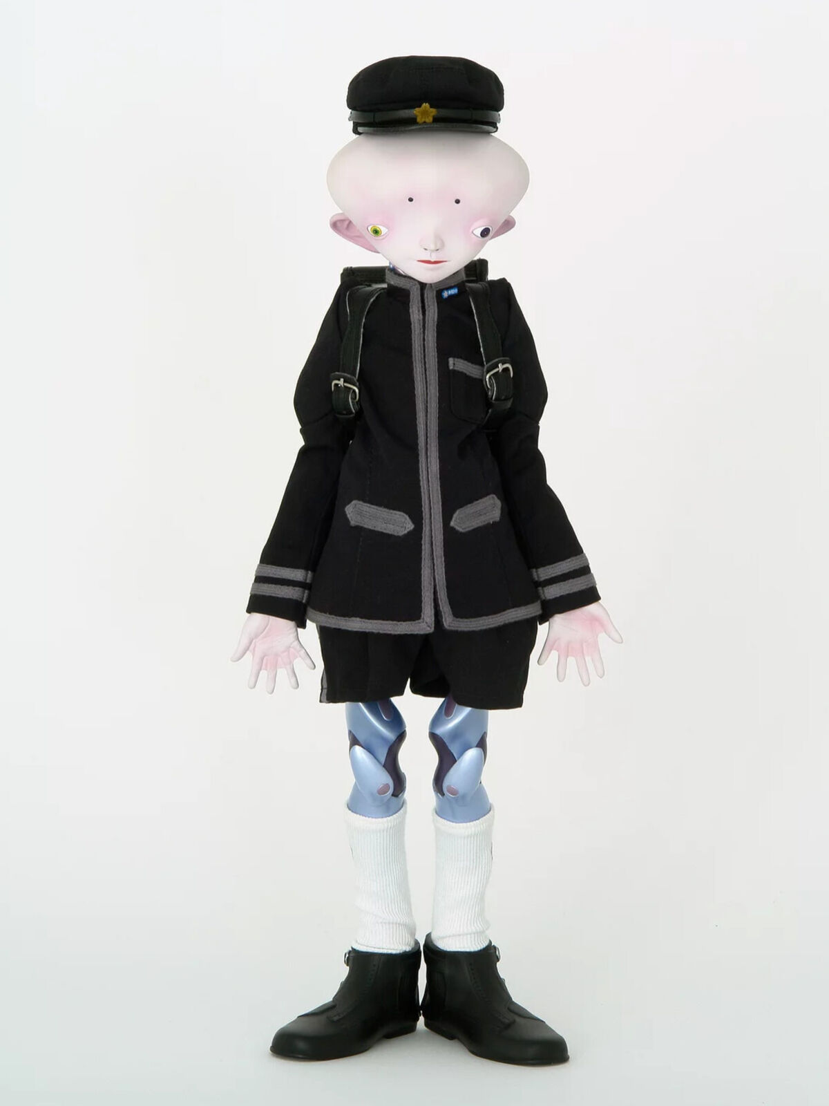 Artwork by Takashi Murakami, Inochi doll / Version: Victor, Made of Body: ABS and NP-PVC / Head: Iron plate / Uniform: Cotton and Polyester, Nylon / Shoes: Soft vinyl / School bag: Artificial leather and Metal / Cap: Cotton, Artificial leather, NP-PVC, Magnet, and Metal 