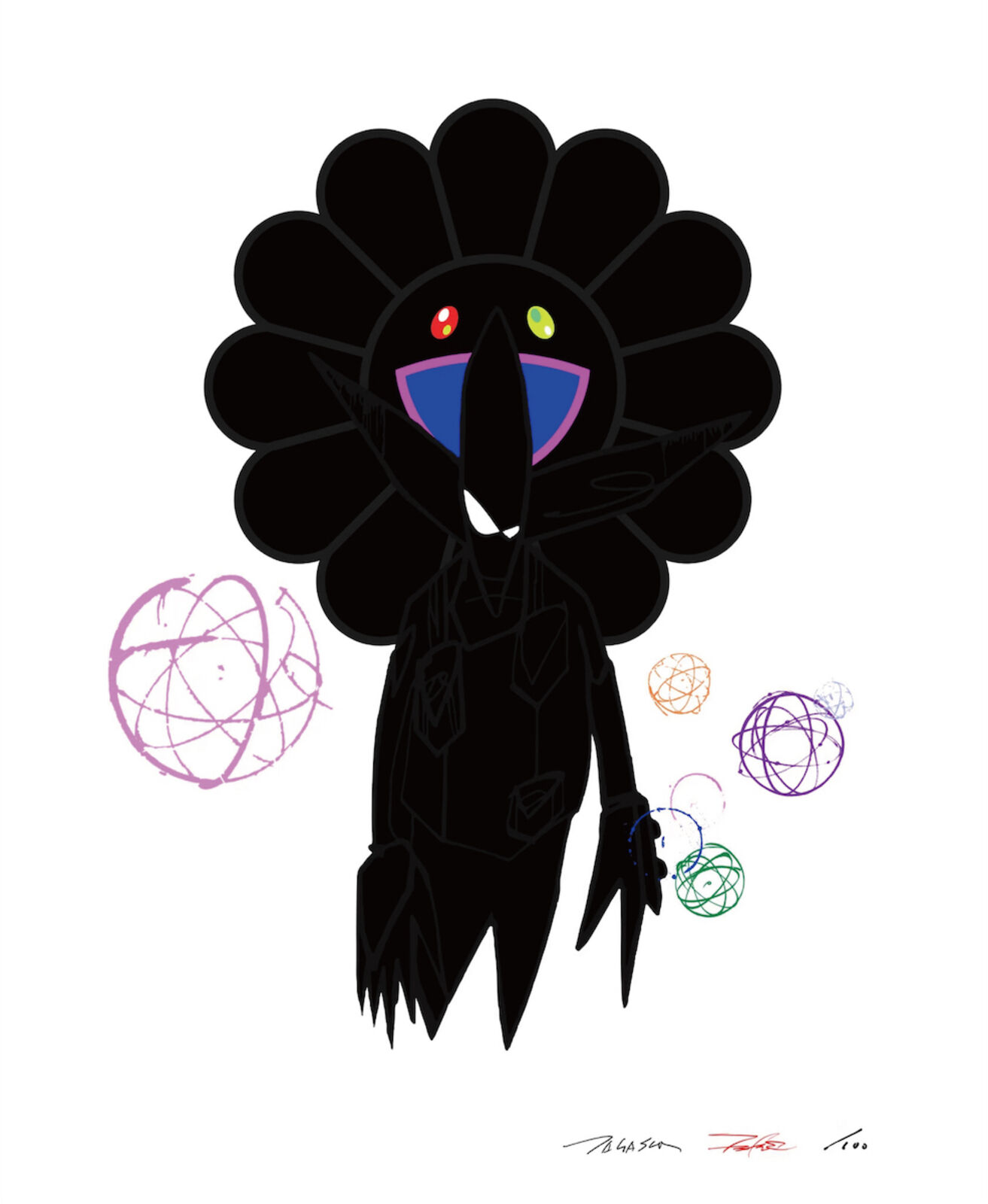 A drawing of a black bird with a big head.