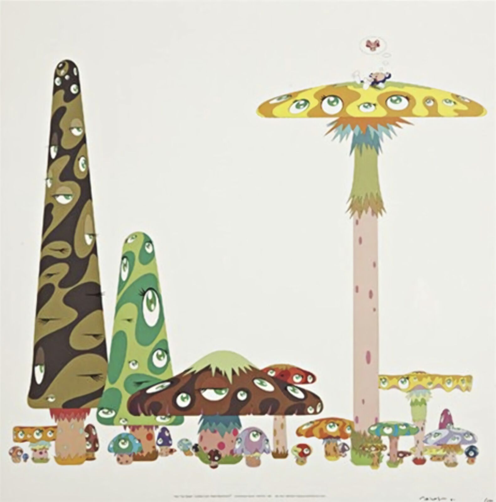 A group of cartoon characters standing in front of a group of mushrooms.