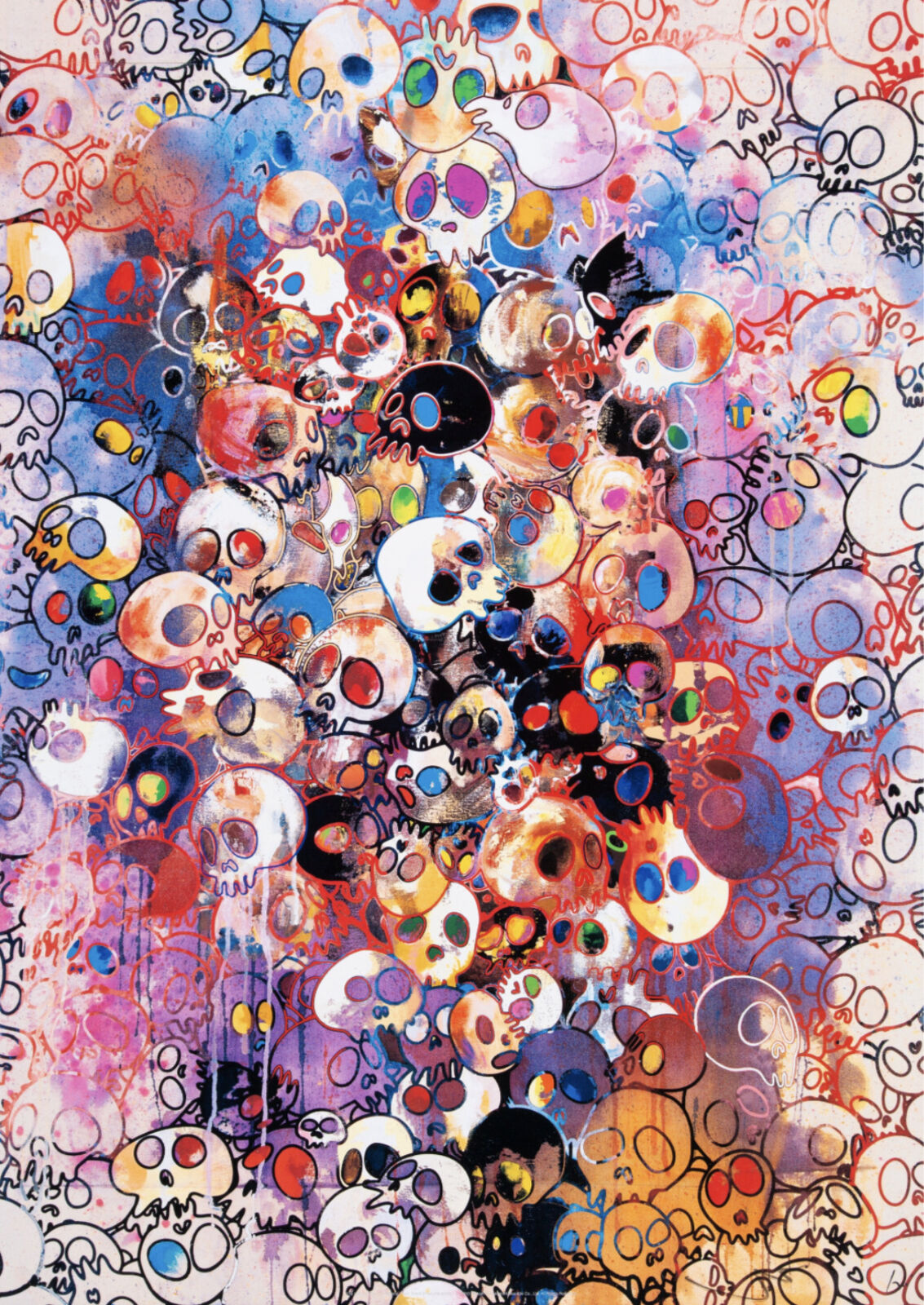 A painting of many different colored skulls on a white background.