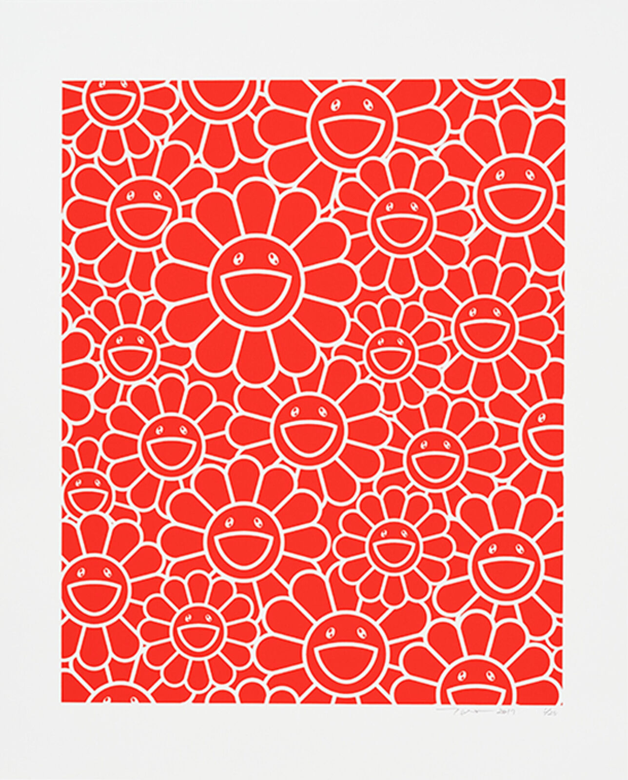 A red and white poster with a bunch of smiley faces on it.