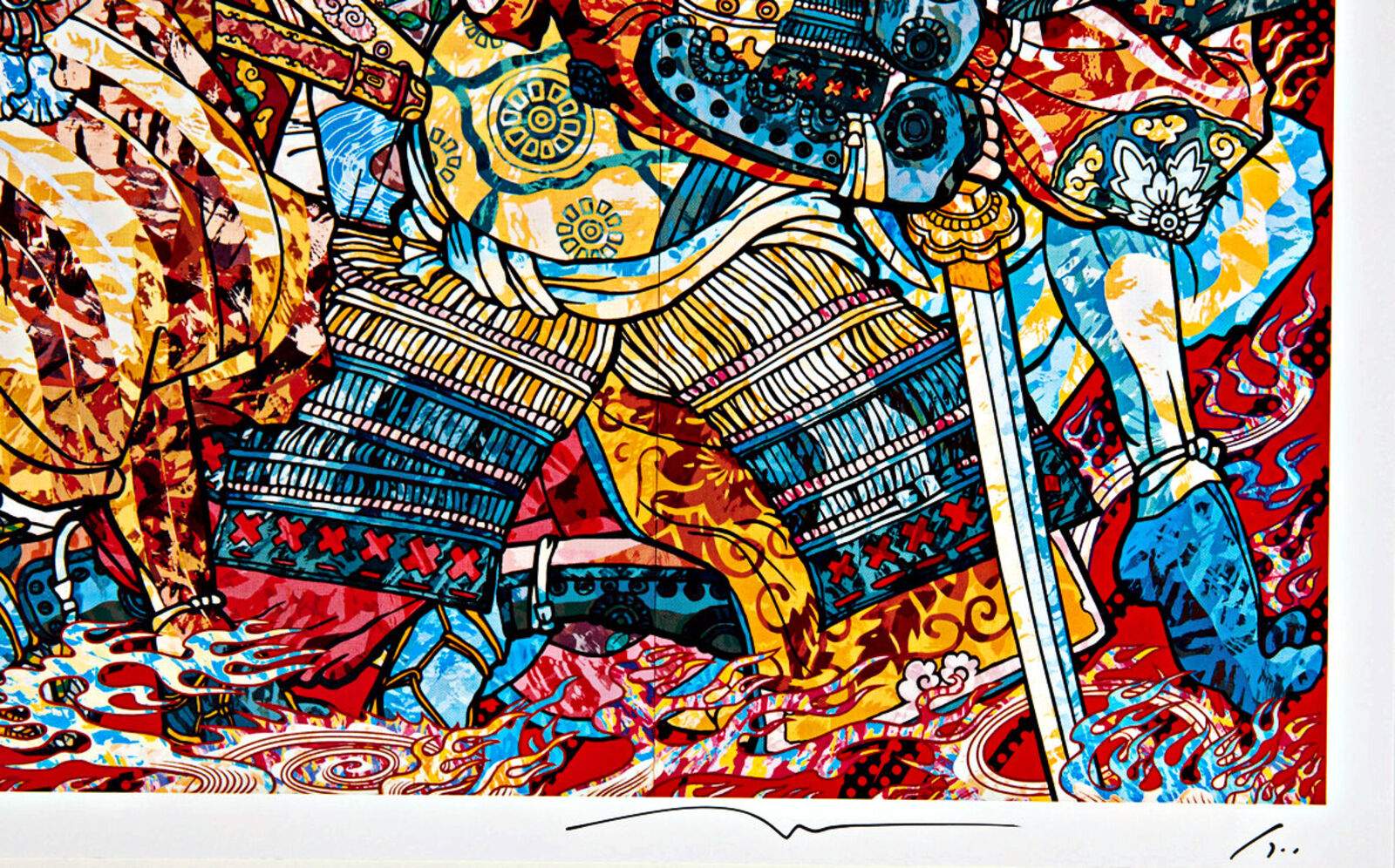 a painting of a white cat surrounded by people