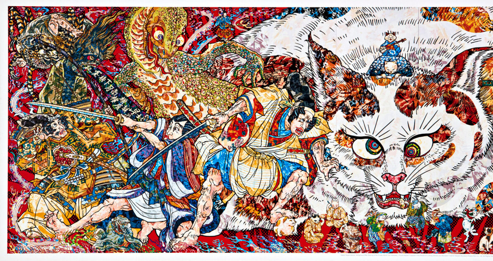 a painting of a white cat surrounded by people