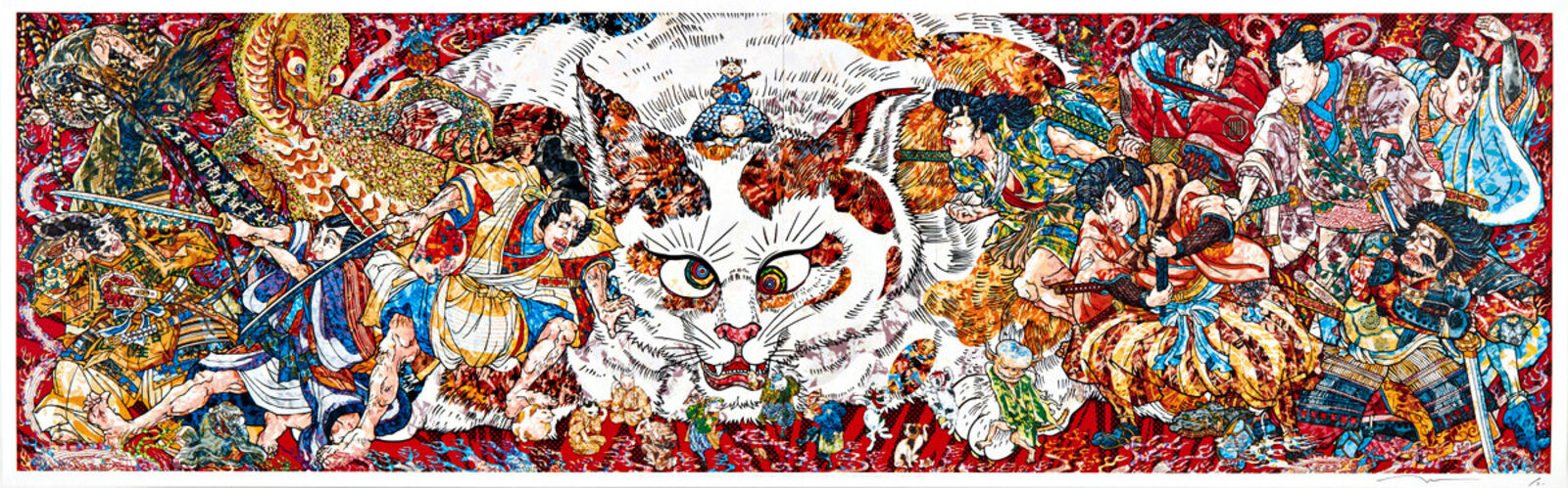 a painting of a white cat surrounded by people