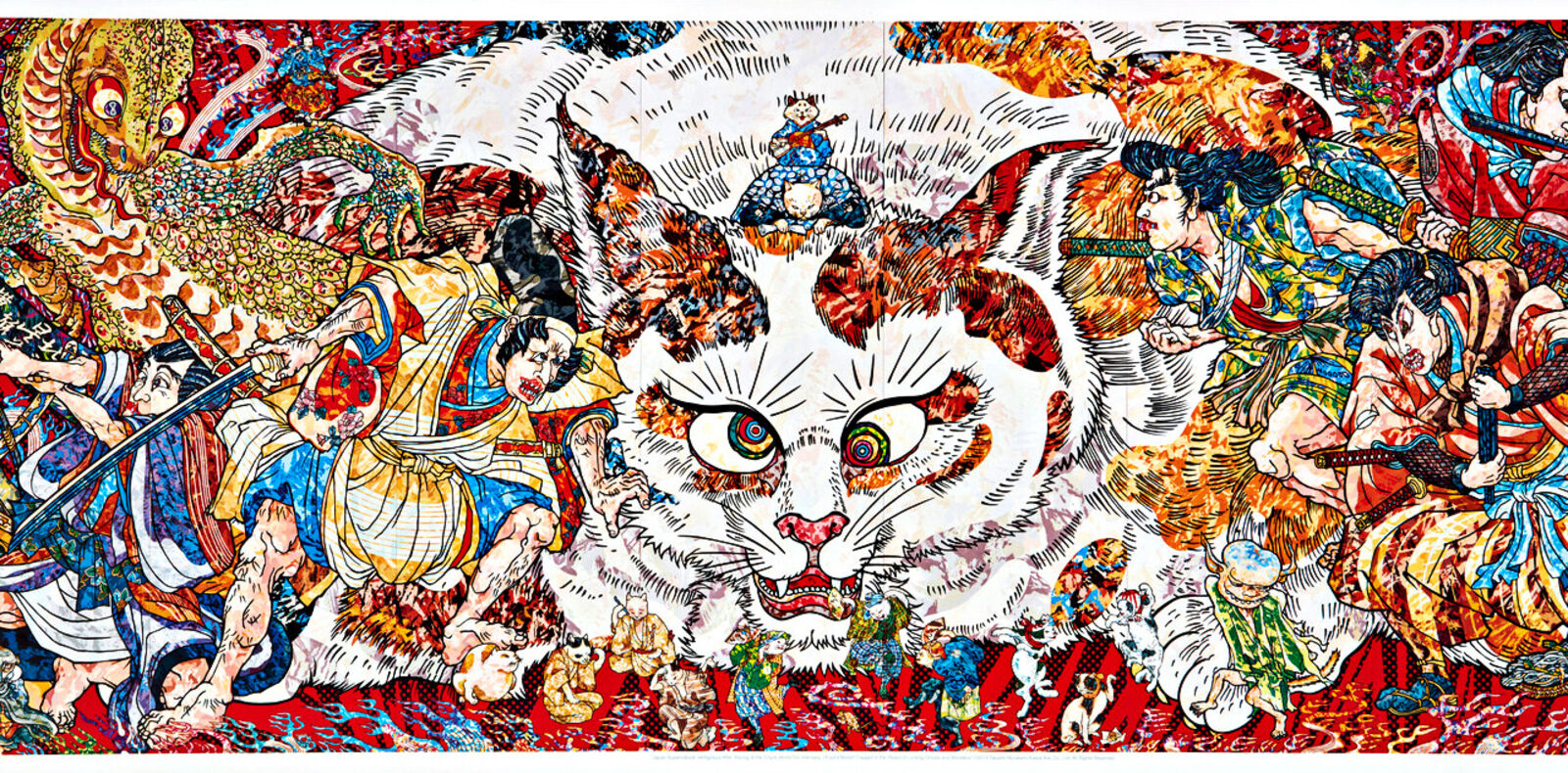 a painting of a white cat surrounded by people