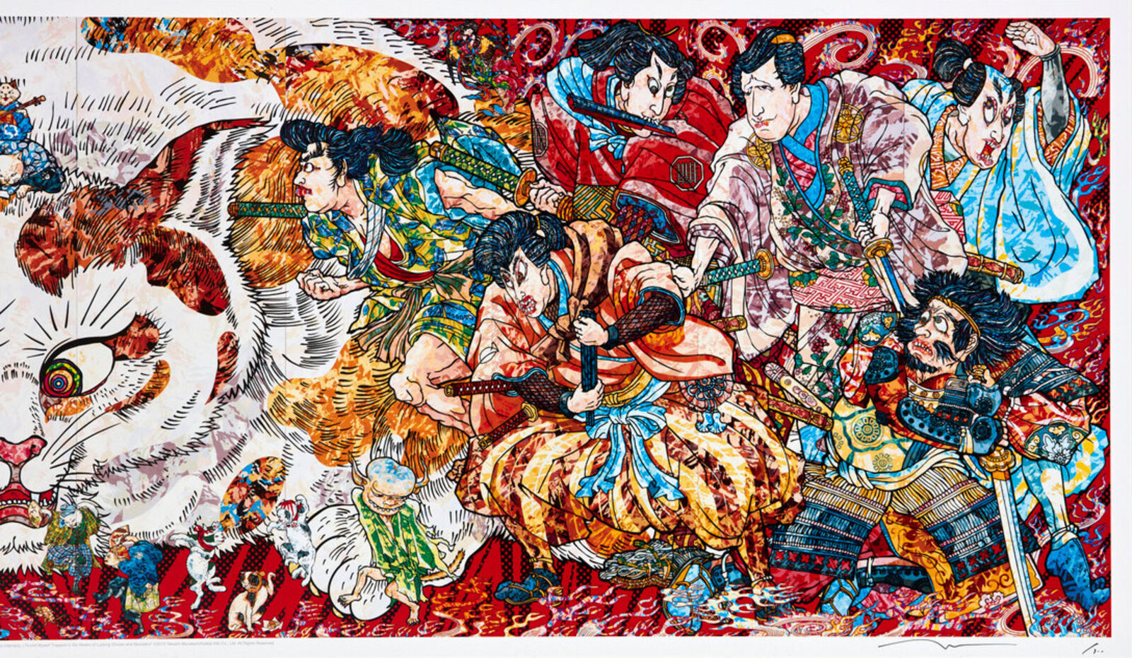 a painting of a white cat surrounded by people