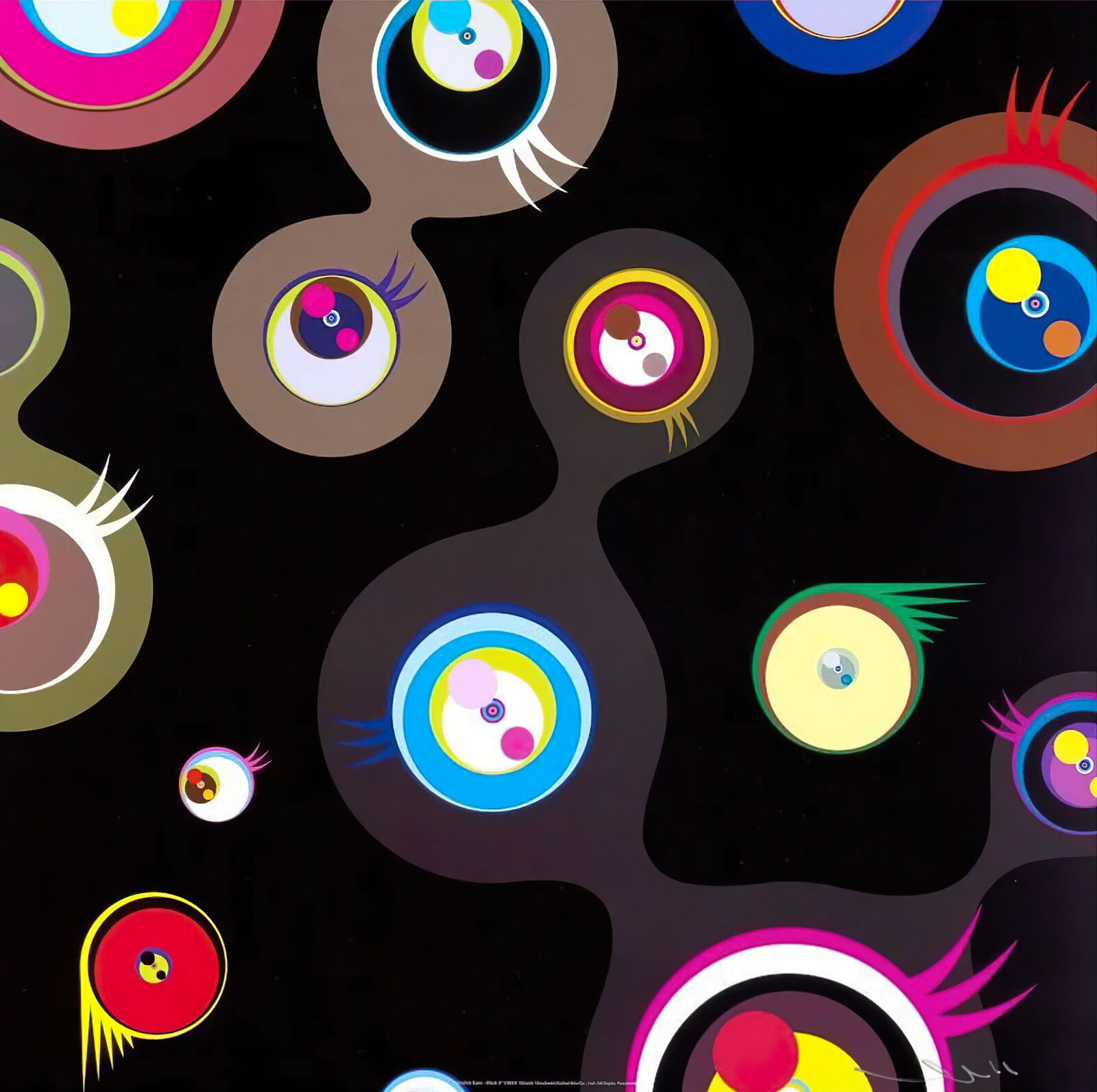 A black background with many different colored circles on it.