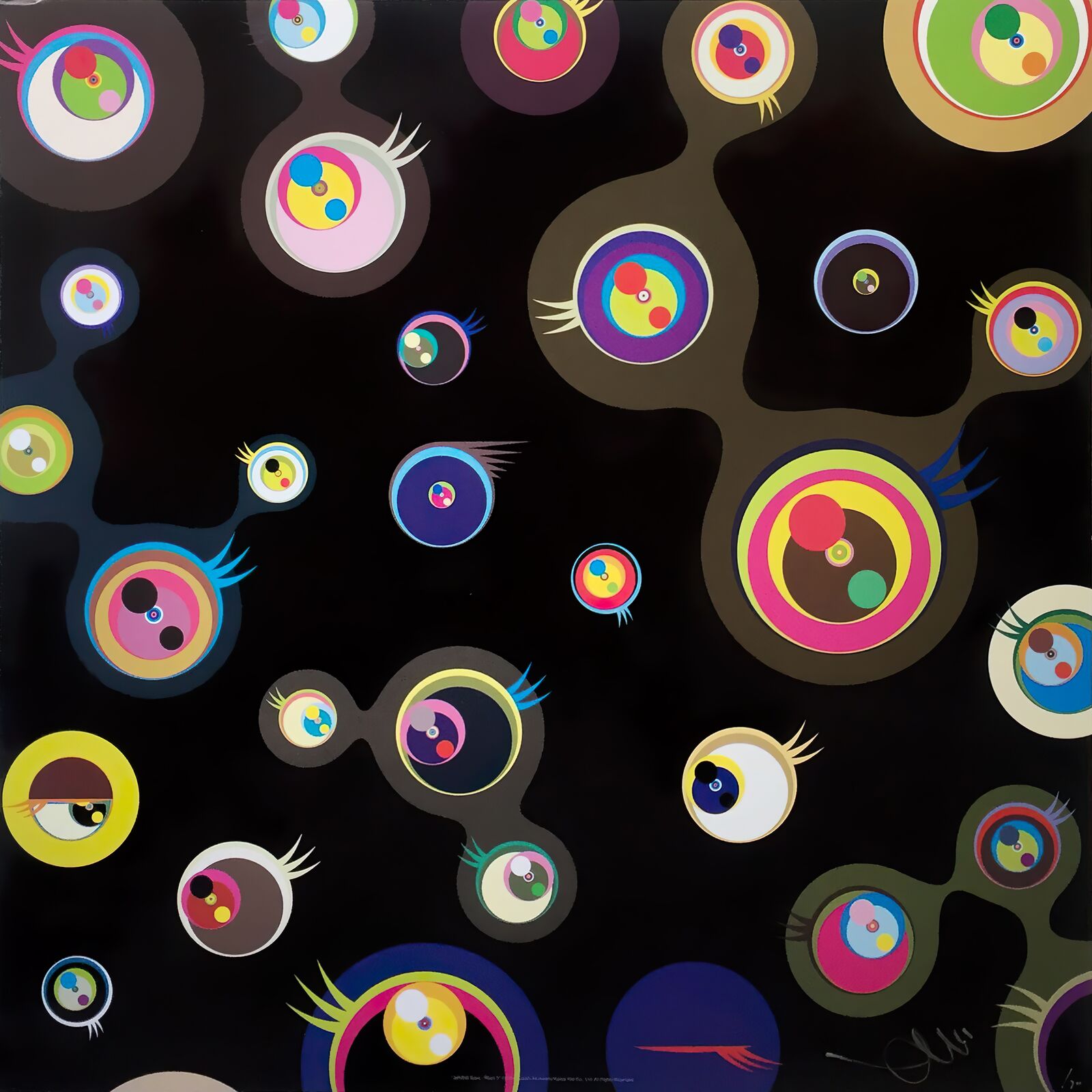 A painting of many different colored circles on a black background.