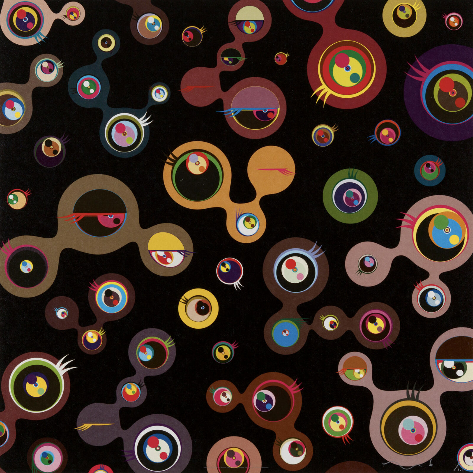 A black background with many different colored circles on it.