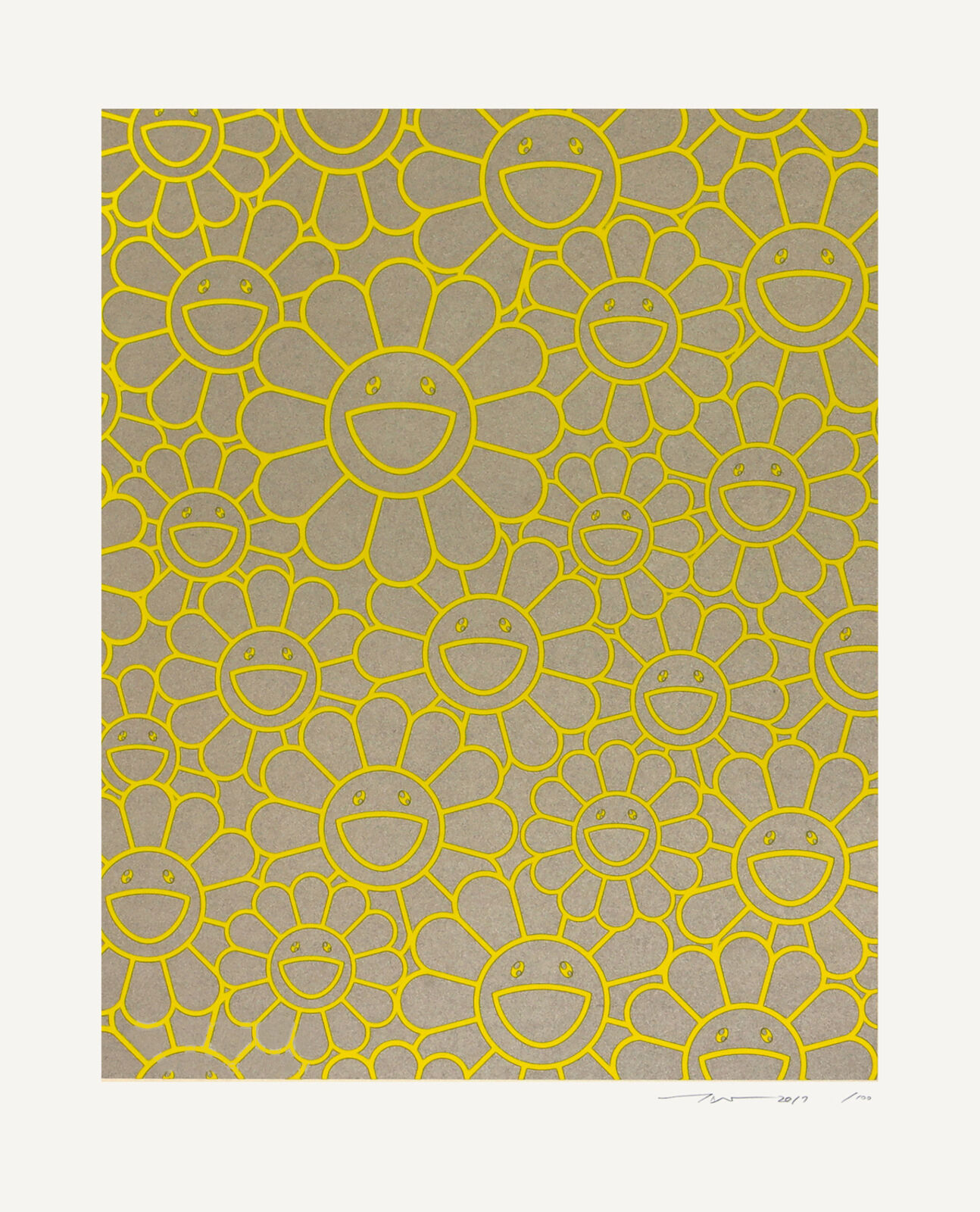 A yellow and gray flower pattern with smiley faces on it.