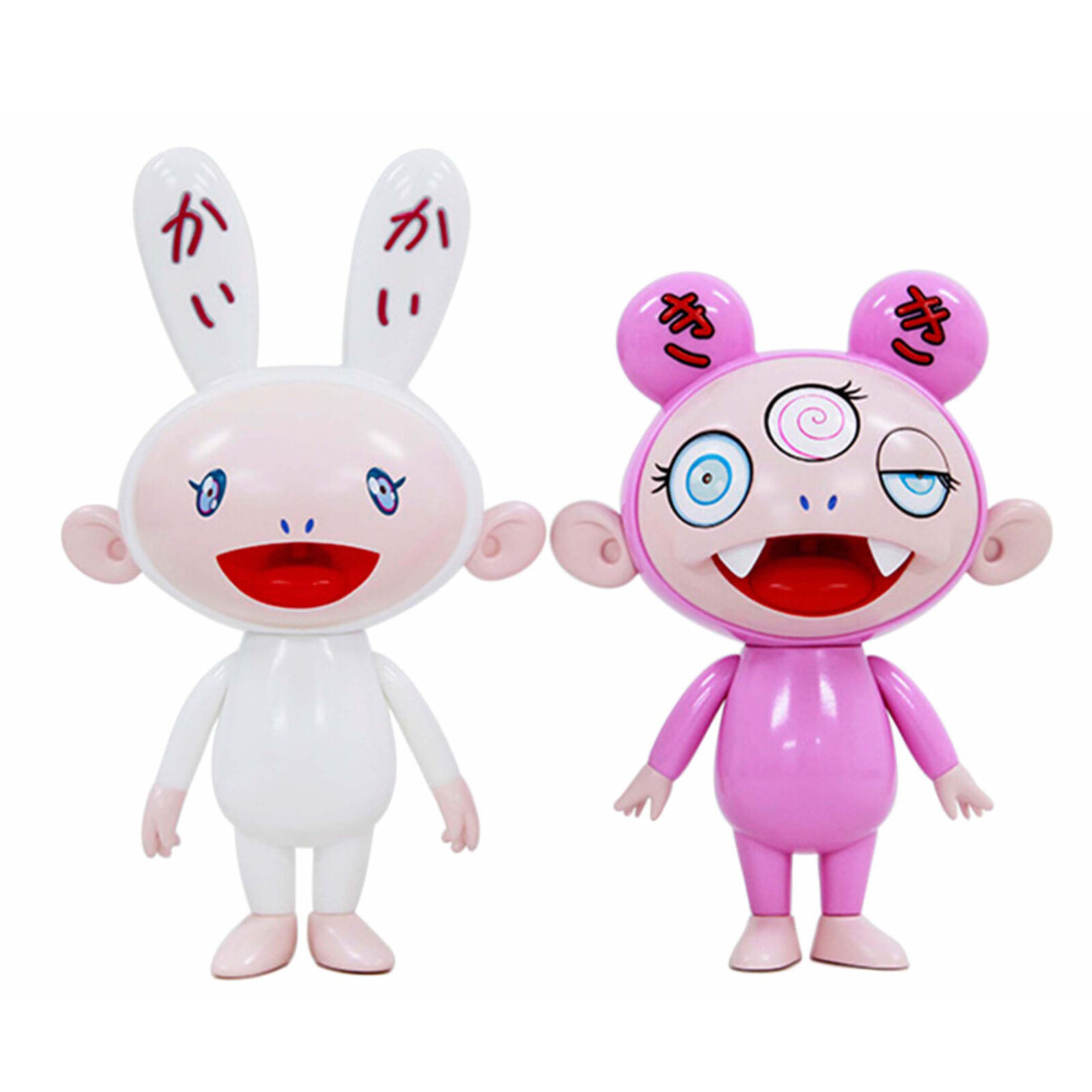 A couple of pink and white dolls standing next to each other.