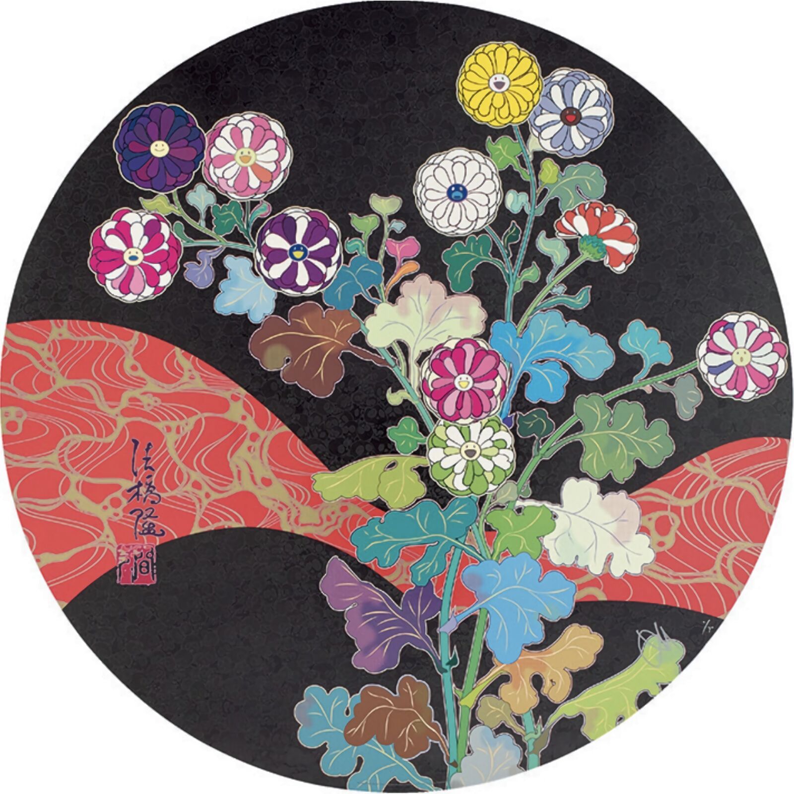 A circular painting of flowers in a vase on a black background.