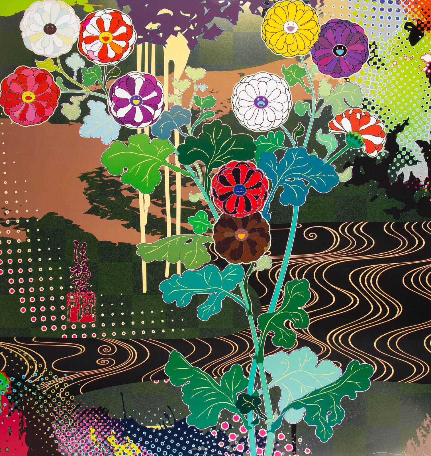 A painting of flowers in a vase on a colorful background.