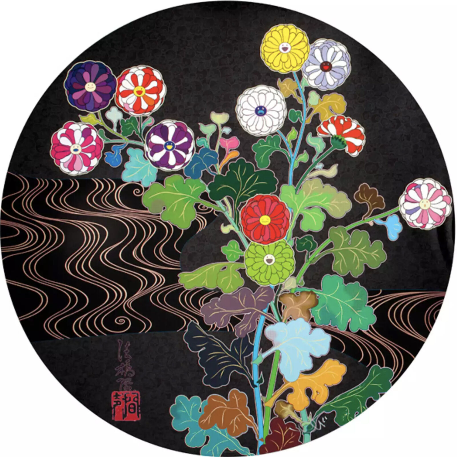 A painting of flowers in a vase on a black background.