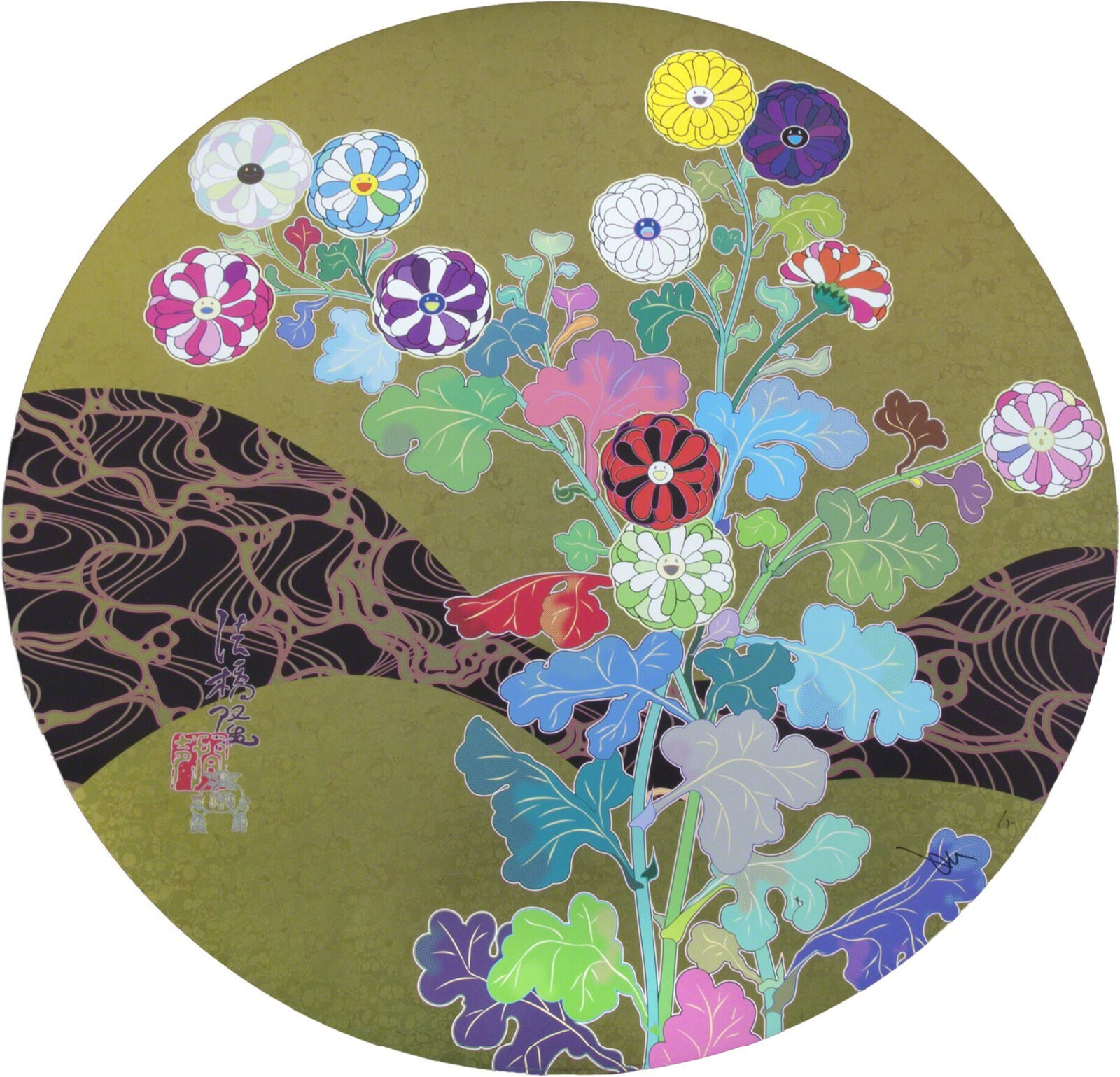 A painting of flowers in a circle on a green background.