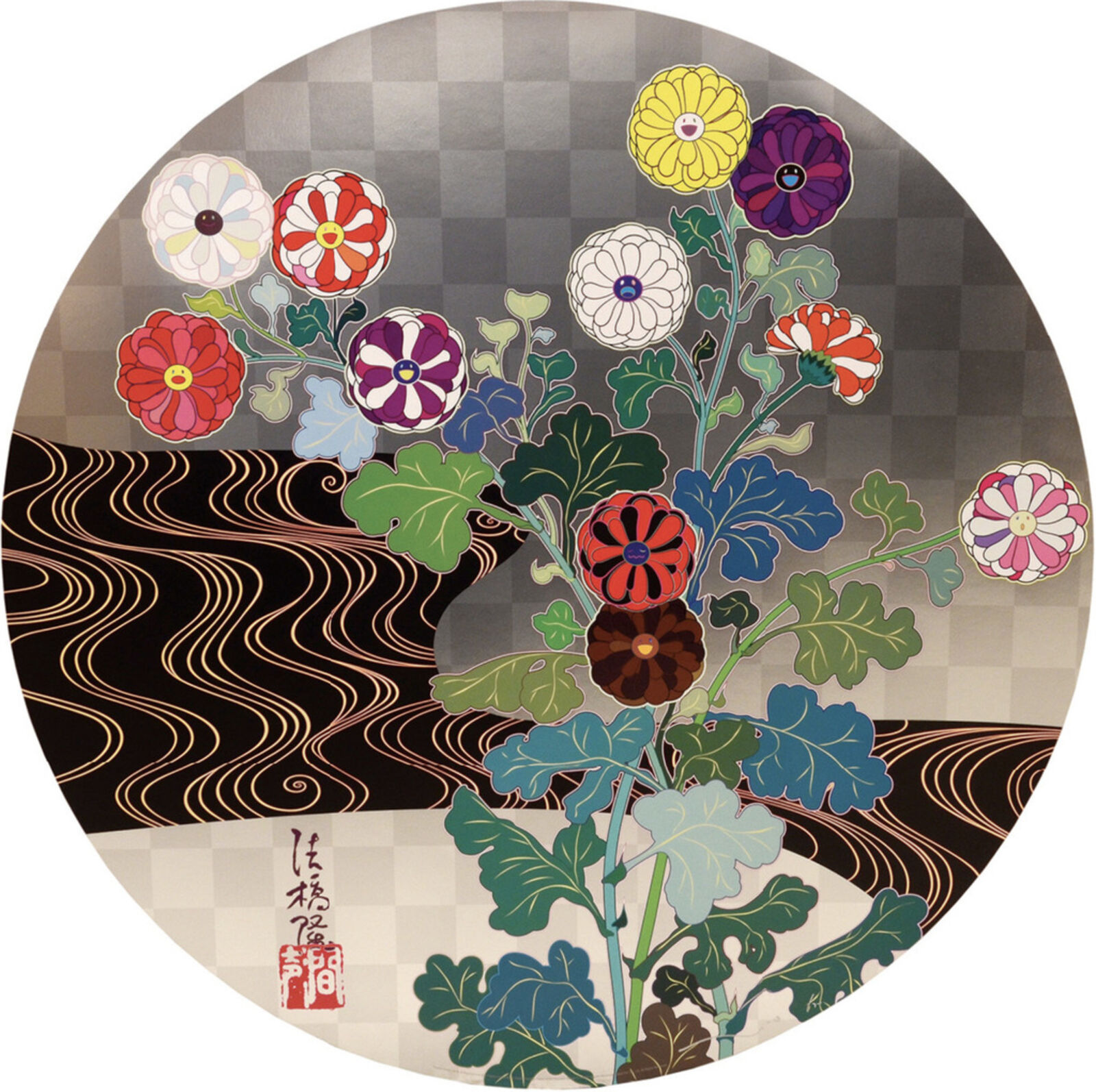 A painting of flowers in a vase on a table.