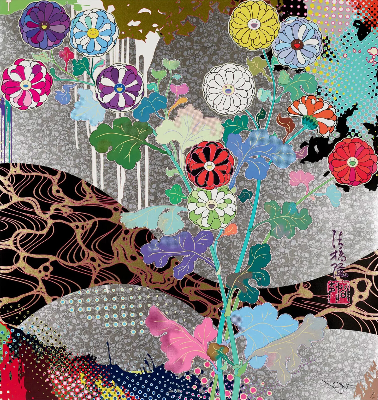 A painting of flowers in a vase on a table.