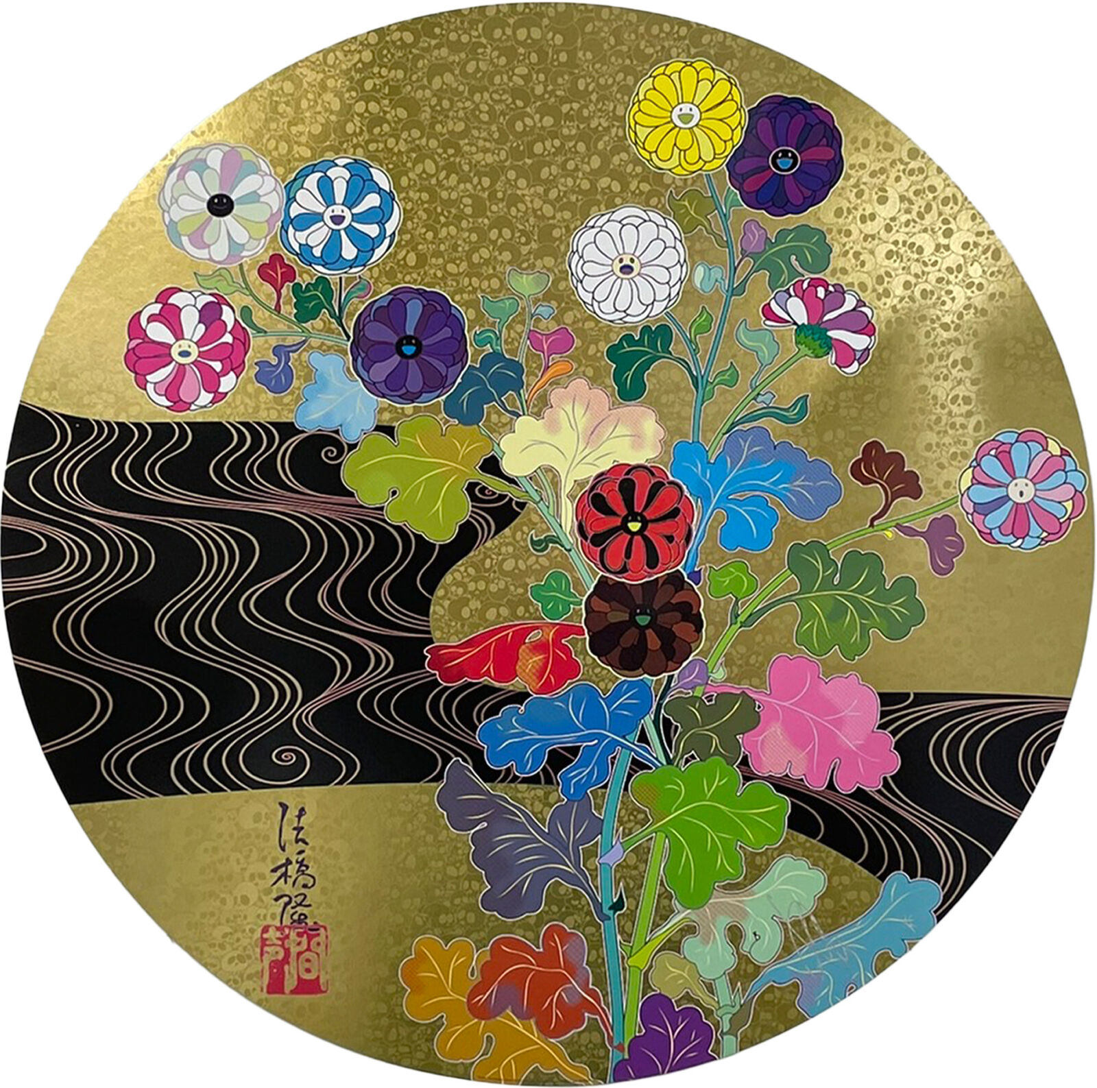 A painting of flowers in a vase on a gold plate.