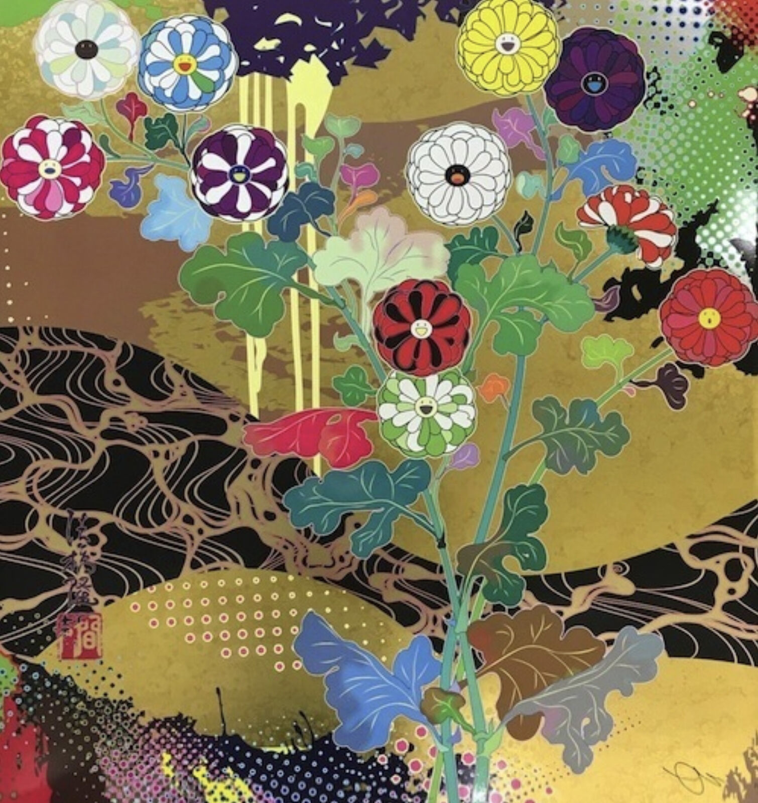 A painting of flowers in a vase on a table.